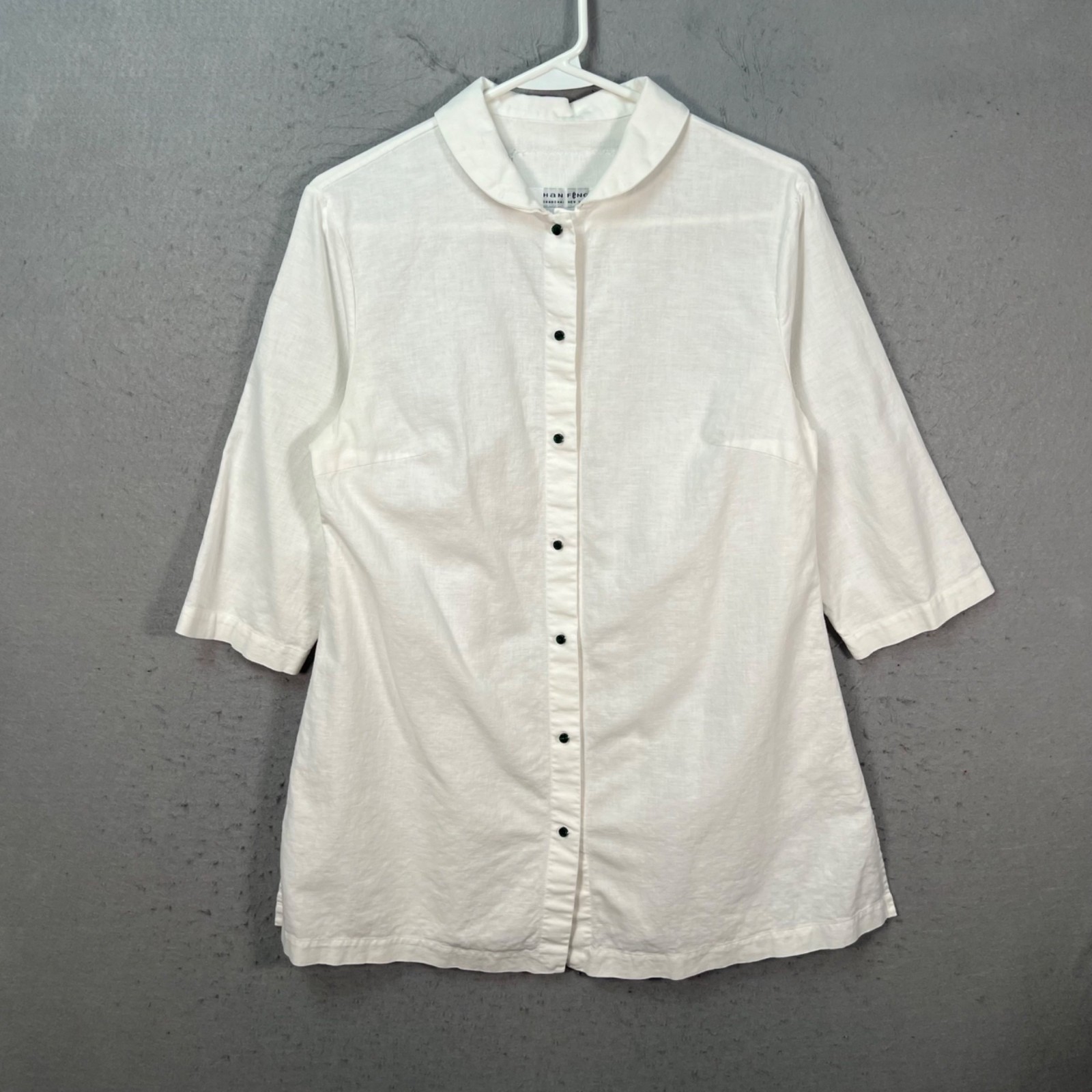 Han Feng Womens White Button-Down Tunic Top w/ 3/4 Sleeves