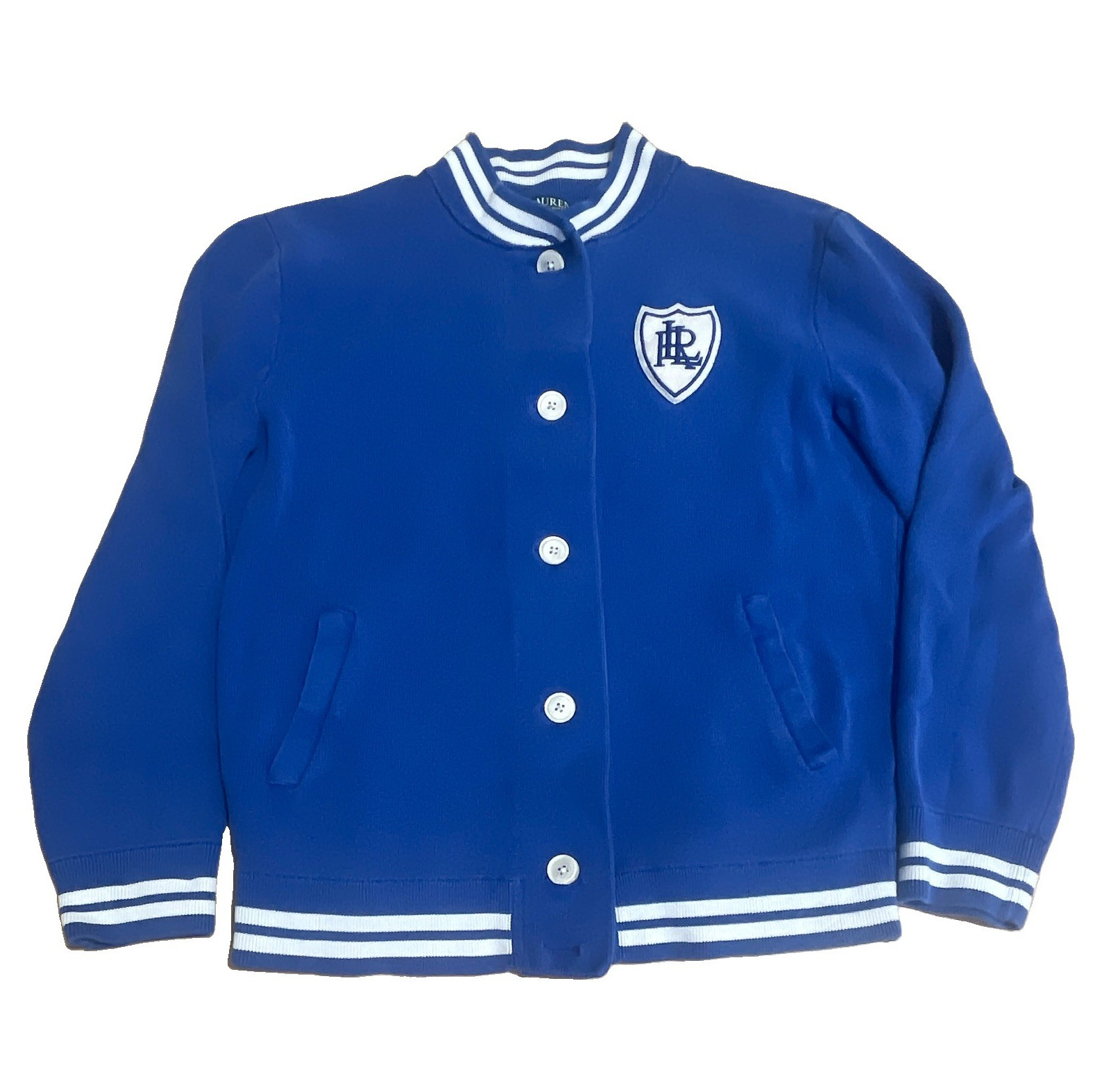 Lauren Ralph Lauren womens Varsity Jacket Blue/White M Button Front Logo Pockets