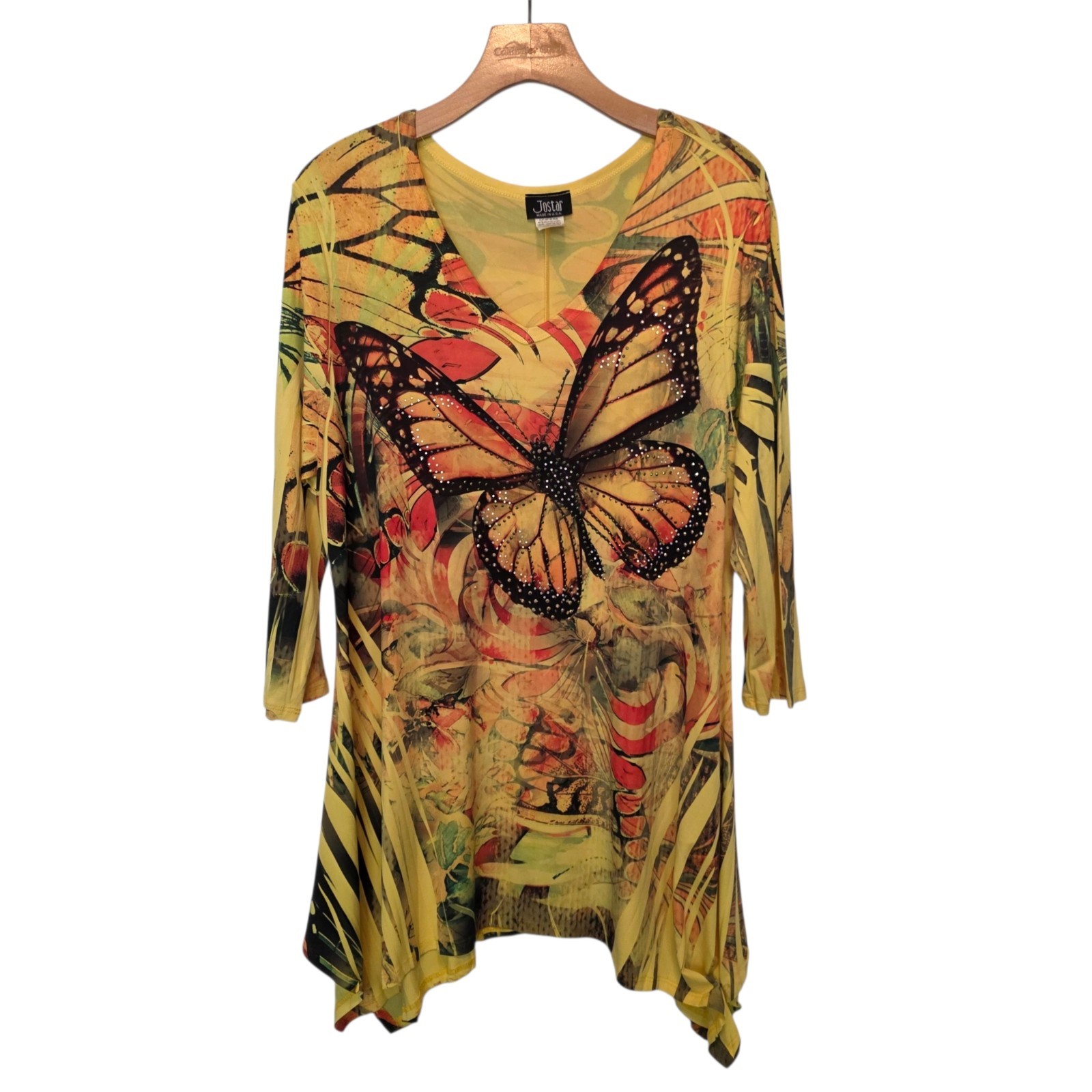 Jostar Top Women’s L Yellow Butterflies Floral Palms Colorful