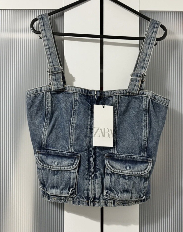 Zara Denim Top, With Square Neckline Adjustable Strap Patch Pocket Small