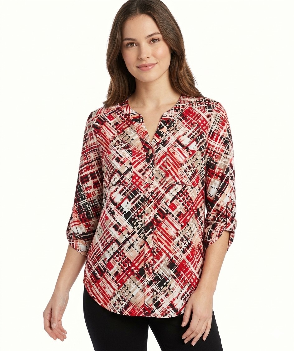 NWOT Ruby Rd Multi Button Front Spread Collar Roll Tab Sleeve Blouse Size S