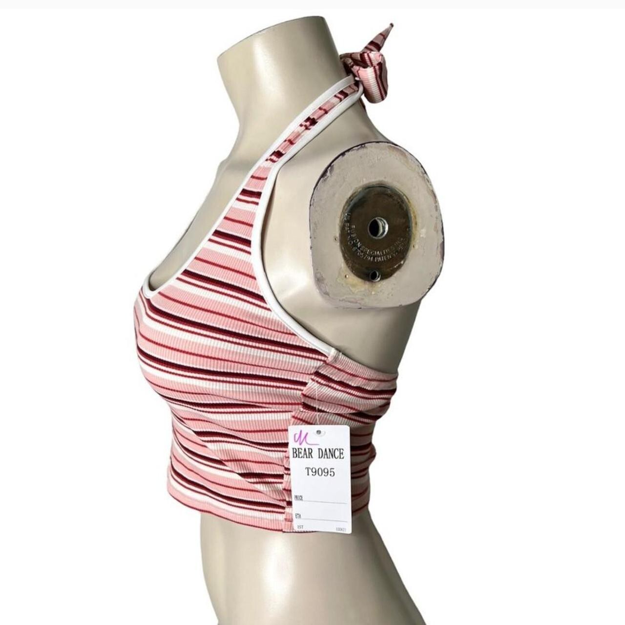 🆕Pink/Red Multicolor Stripe Design Stretchy Ribbed Halter Open Back Top~Size S