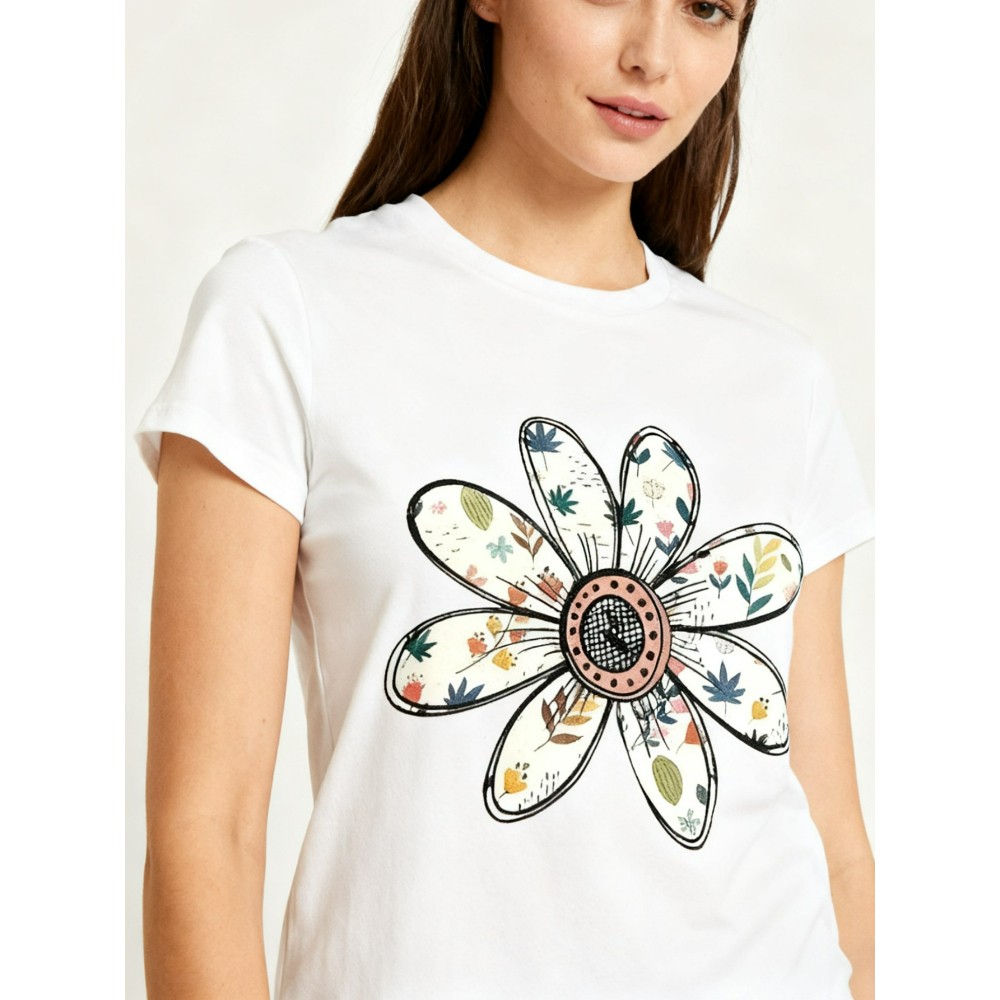 Retro Flower T-Shirt Women Boho Floral Daisy Tee Casual Black Daily Wear Top