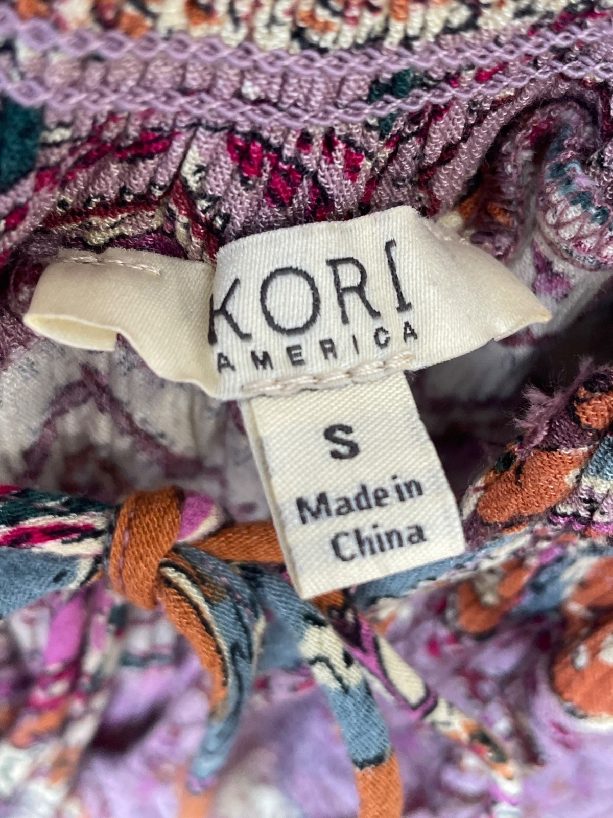 Kori America Top Size Small Floral Smocked Tie Neck Short Sleeve Multicolor Boho