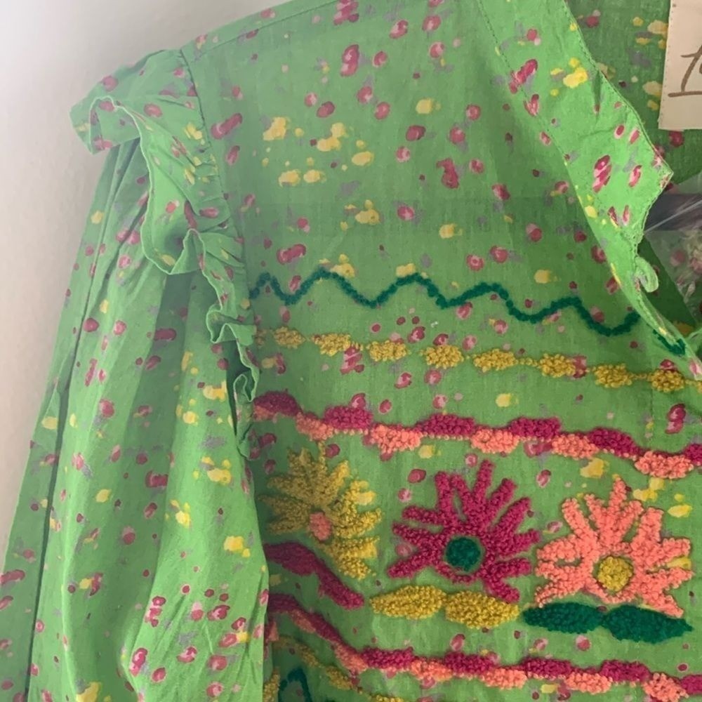 Embroidered Floral Button Up Cottage-core Blouse Tiered Ruffle Green Womens Med