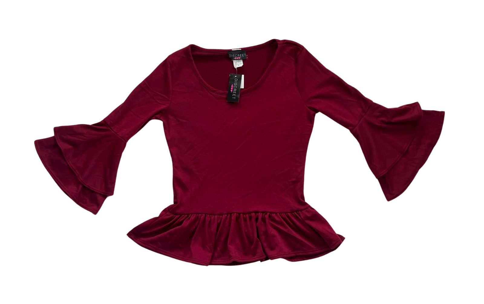 NWT New Discreet Womens Top Burgundy 3/4 Ruffle Sleeve Size M Medium Made in USA