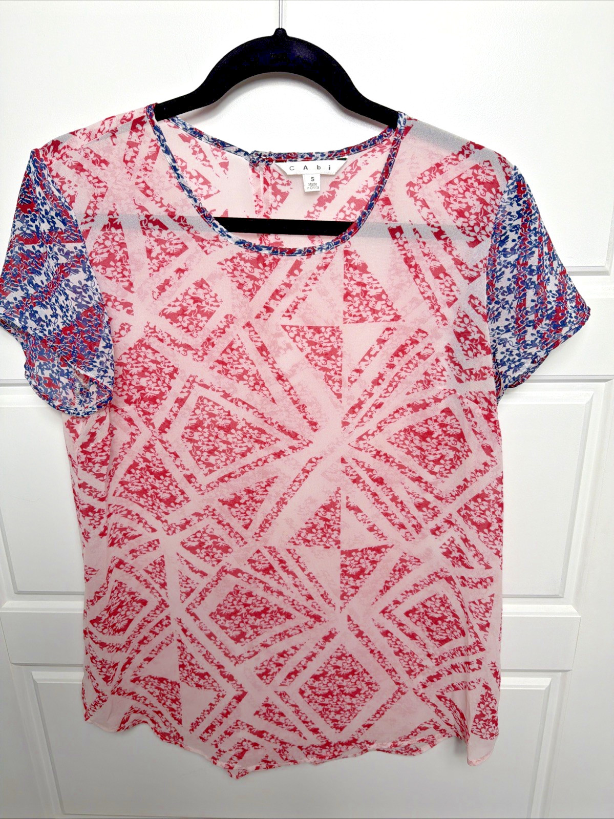 CAbi Coquette Geo Floral Blouse Red, White and Blue -Sheer
