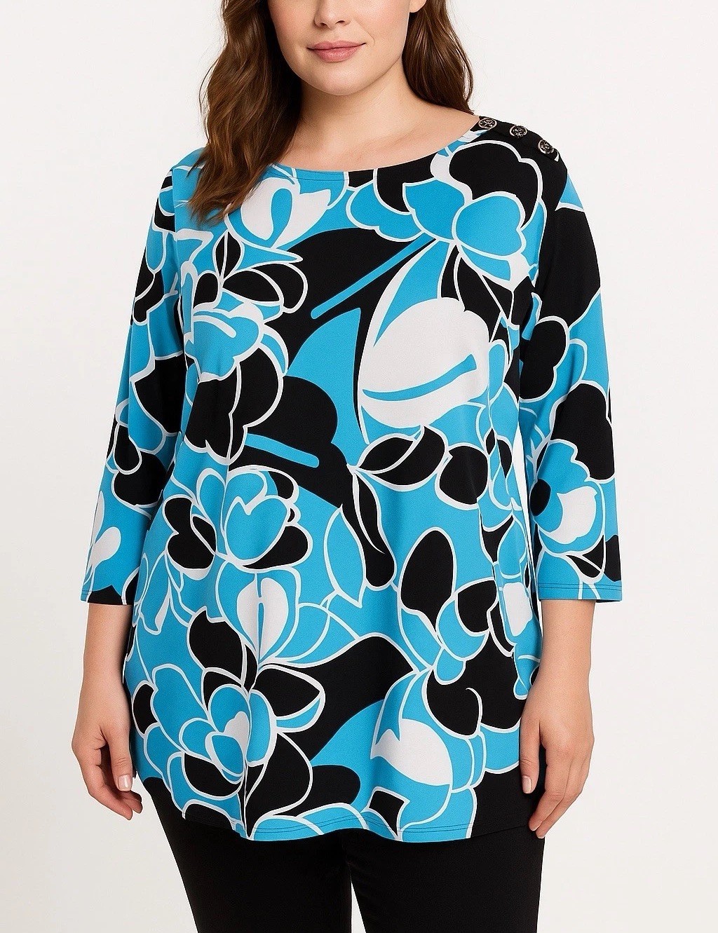 Croft & Barrow Womens Top PXL Blue Floral Button Shoulder 3/4 Sleeve