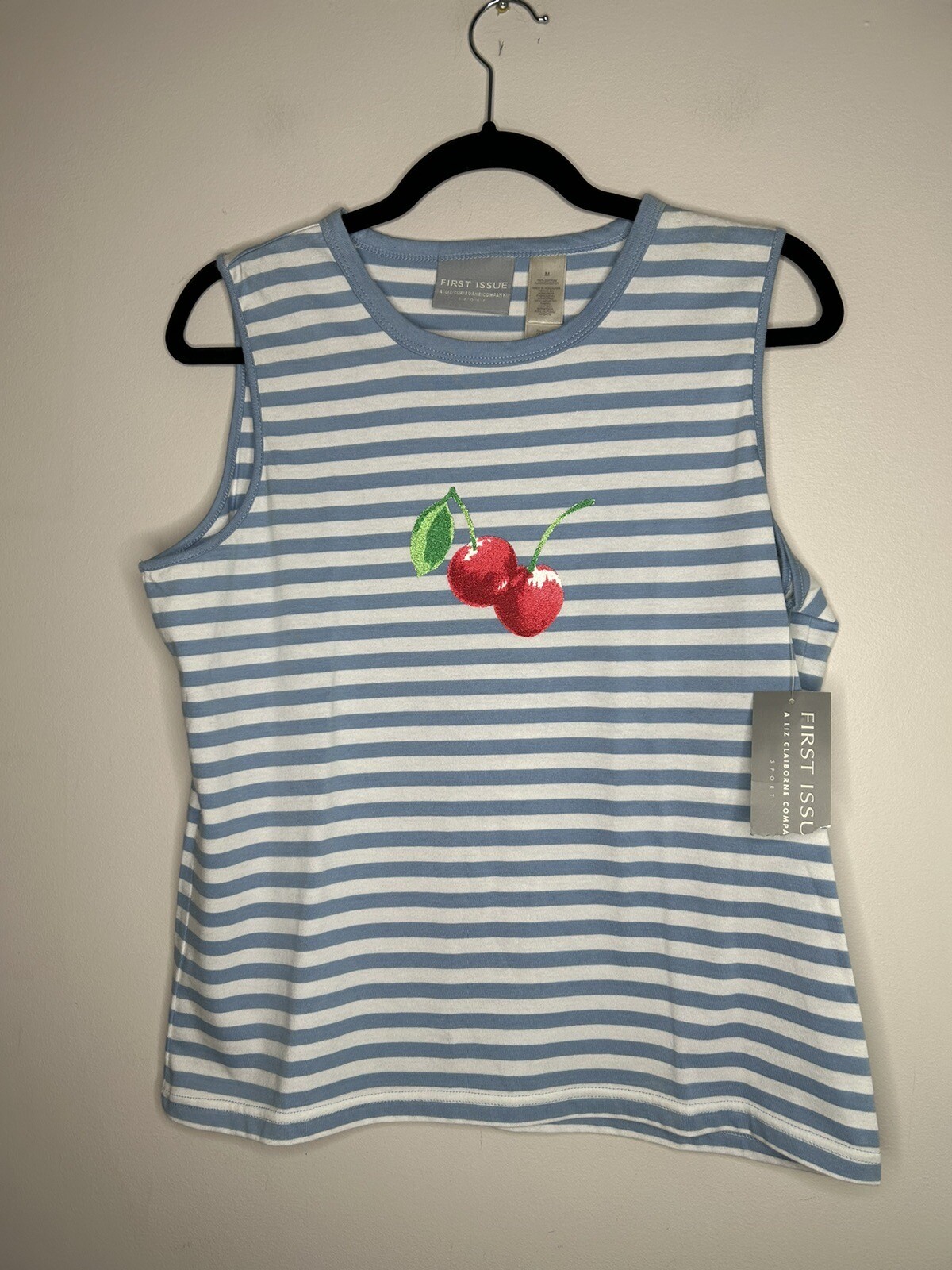 First Issue Liz Claiborne Blue White Striped Cherry Tank Top Y2K Size Medium NWT