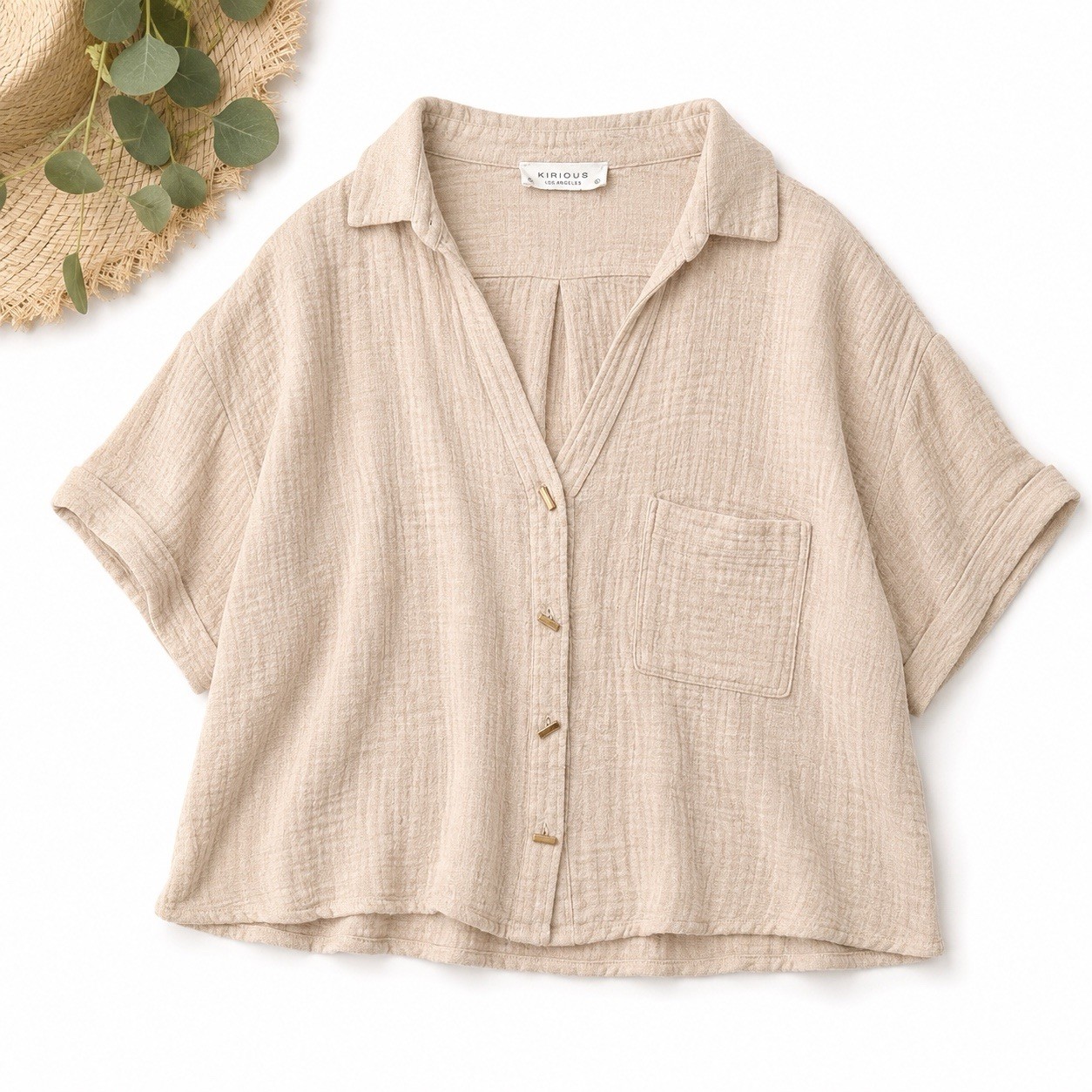 Kirious Womens L Cotton Gauze Shirt Beige Button Down Coastal Boho Short Sleeve