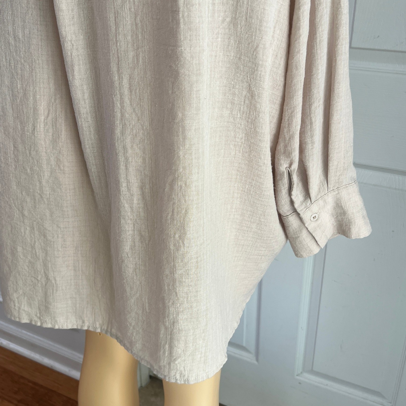 Oversized Button Down Shirt Sz L Women Beige Textured Cotton Tunic Coastal