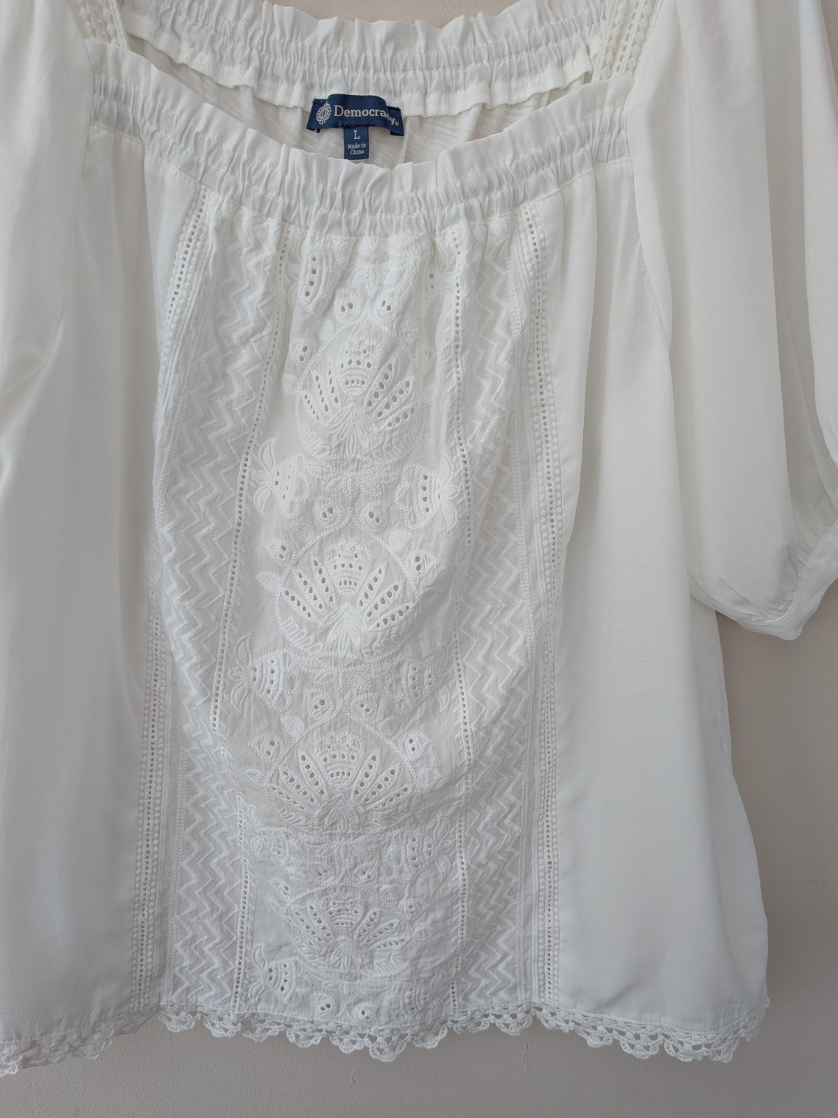 Democracy Boho Peasant Blouse Embroidered Eyelet Lace Square Neck Puff Sleeve L