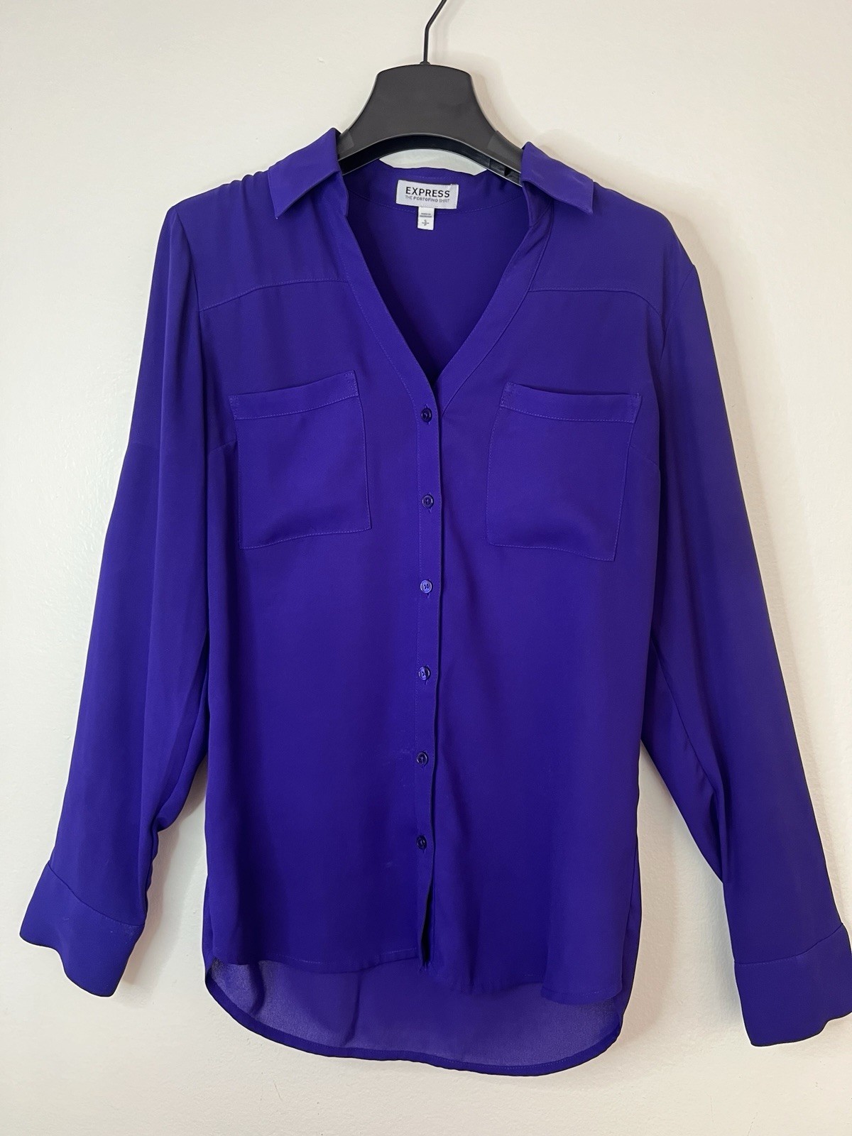 Express Portofino Shirt Blouse Purple Button down Convertible Sleeve V-Neck S