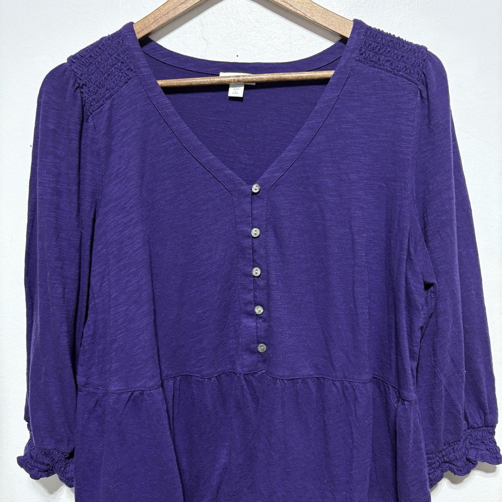 J Jill Top Womens L Petite Dark Purple 3/4 Gathered Sleeve Babydoll Style Flowy