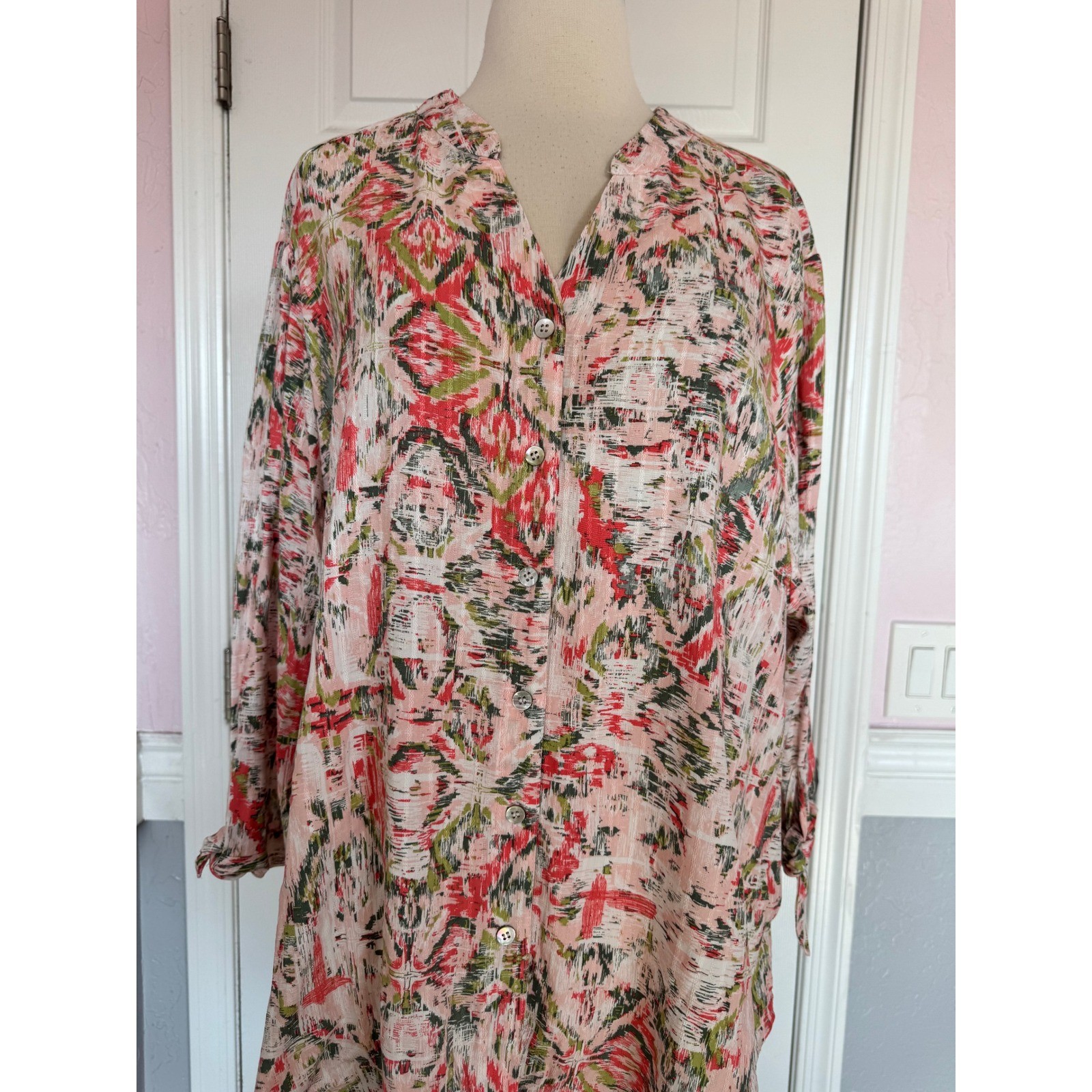 Allison Daley Woman Pink Green Abstract Ikat Tie Front Button Blouse Plus 3X