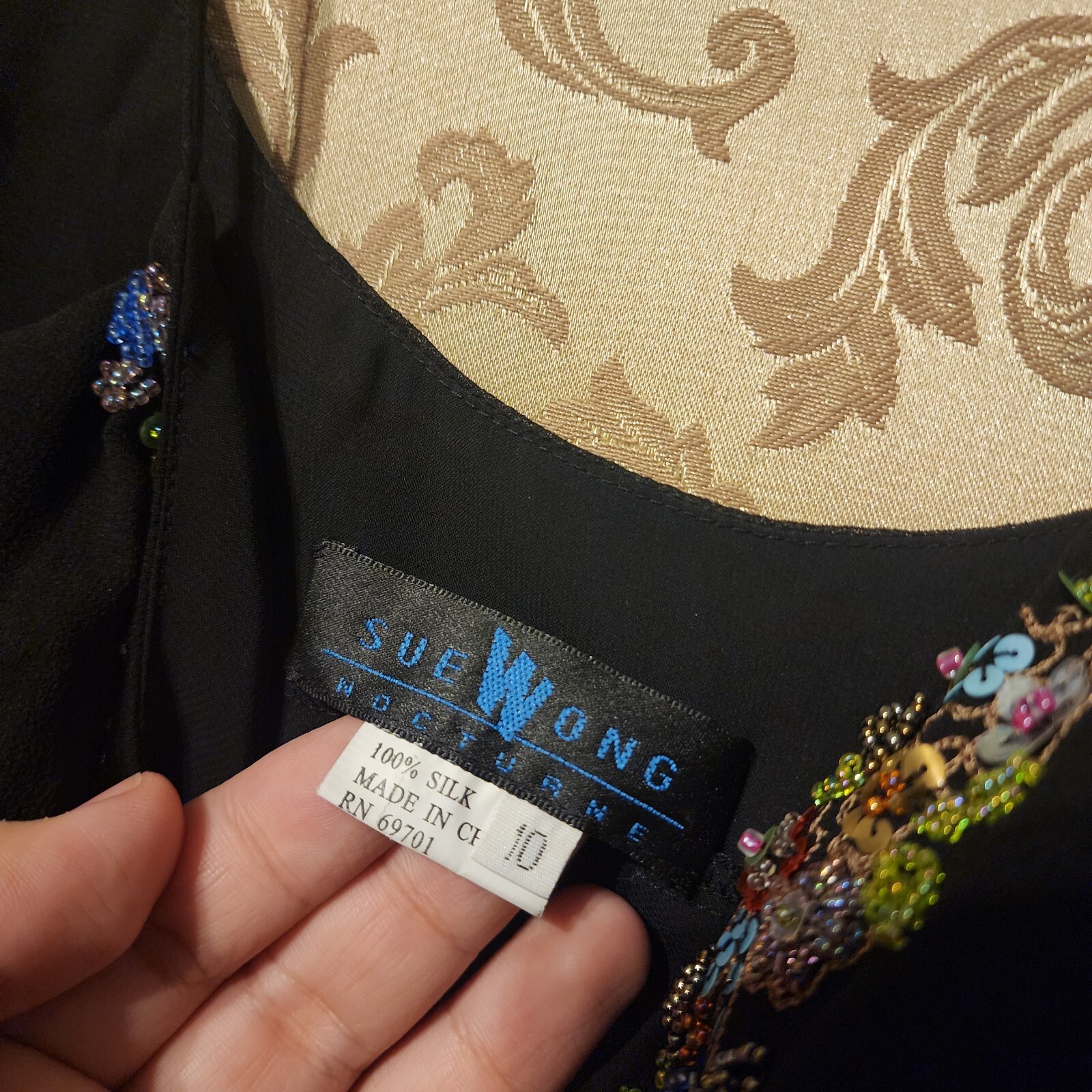 Sue Wong Nocturne Black Y2K Paisley Beaded Asymmetrical Top Size 10