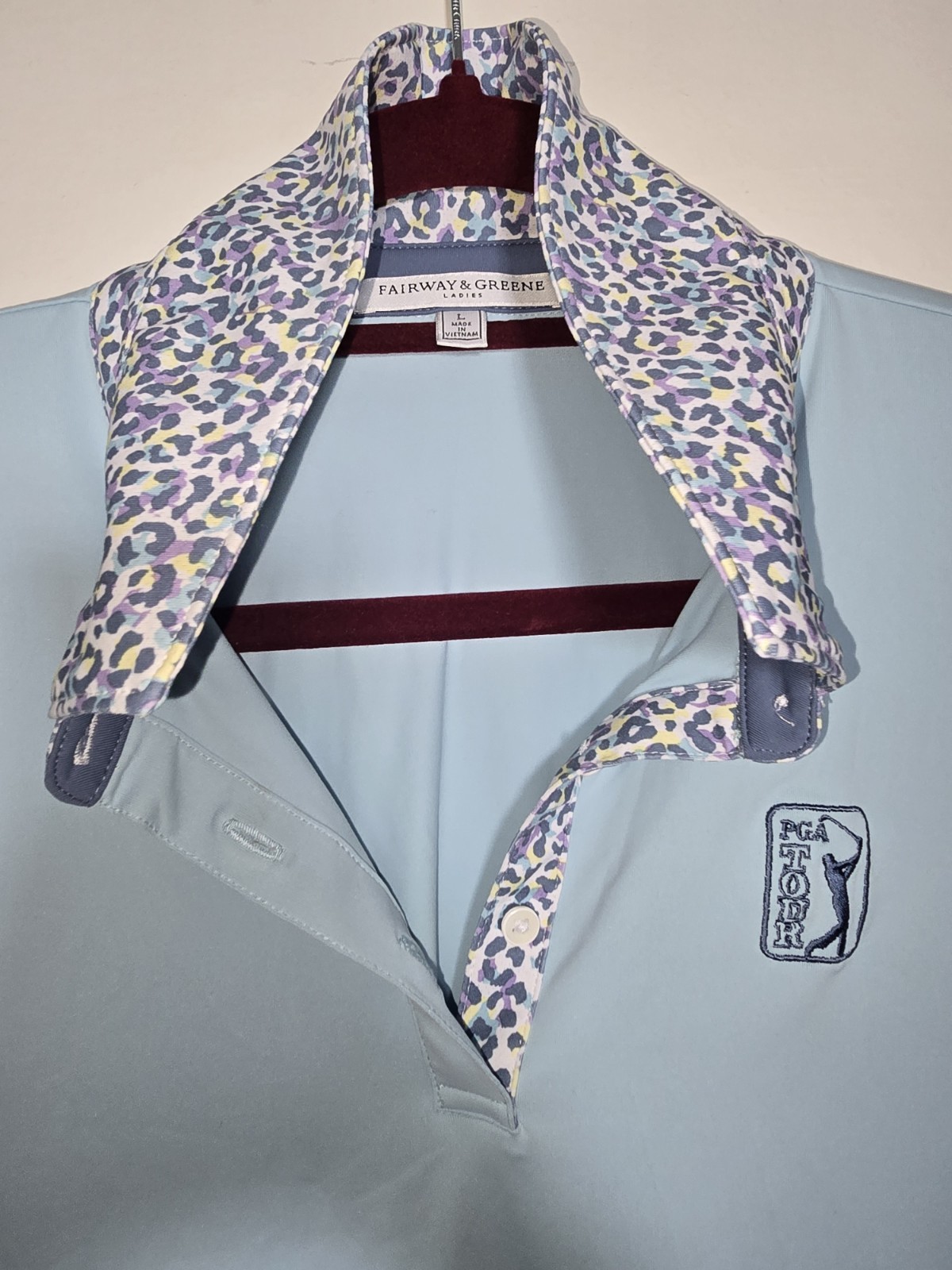 FAIRWAY & GREENE Women’s Size L Golf Polo Shirt blue with animal print