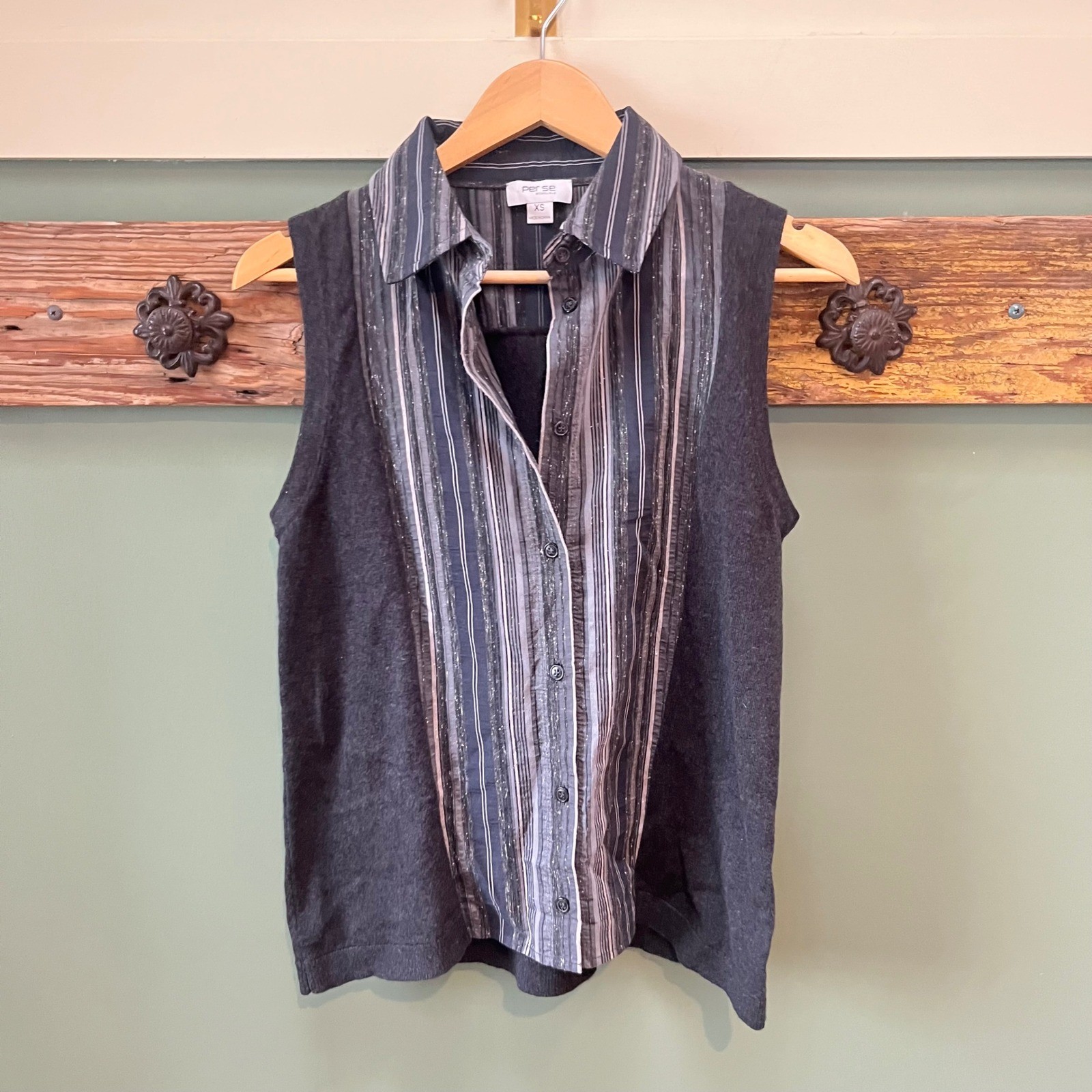 Per Se by Carlisle Womens XS Gray Striped Mixed Media Cashmere Silk Knit Top