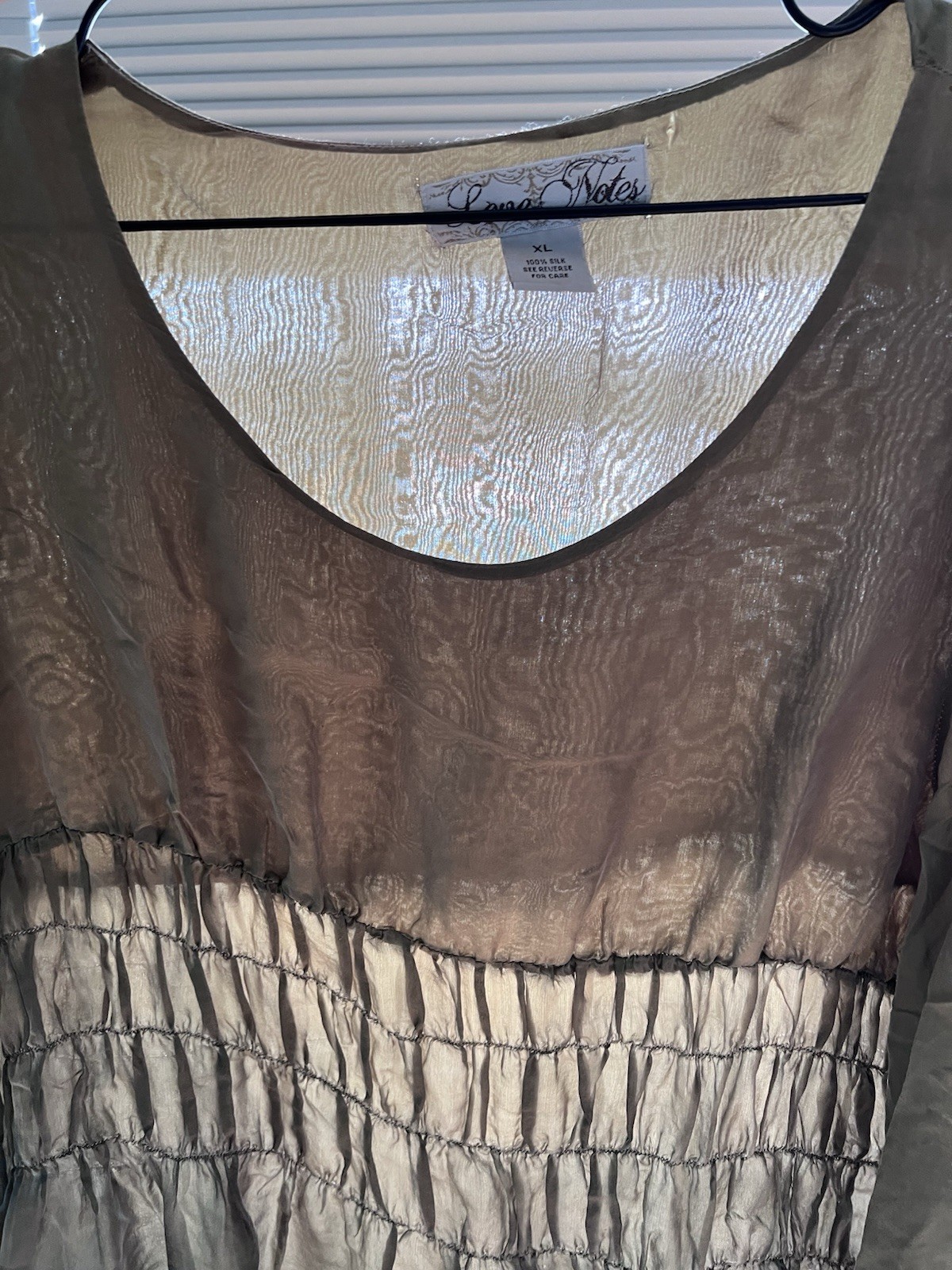 NWT Love Notes 100% silk Smocked Tunic Top XL Olive Khahi Boho Bishop Sleeve