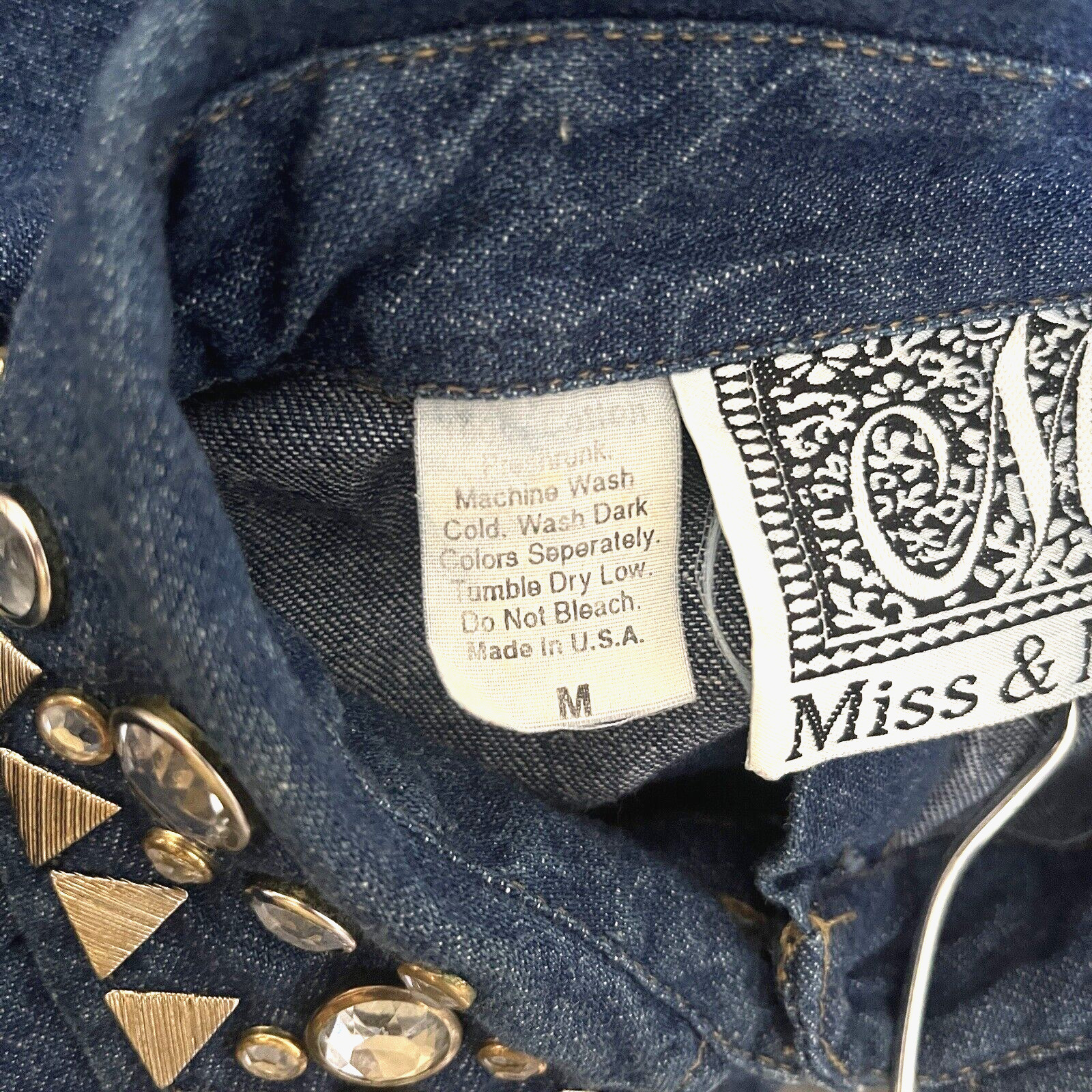 Miss & Mrs M Denim Shirt Rhinestones Studs on collar cuff 90’s rodeo Western VTG