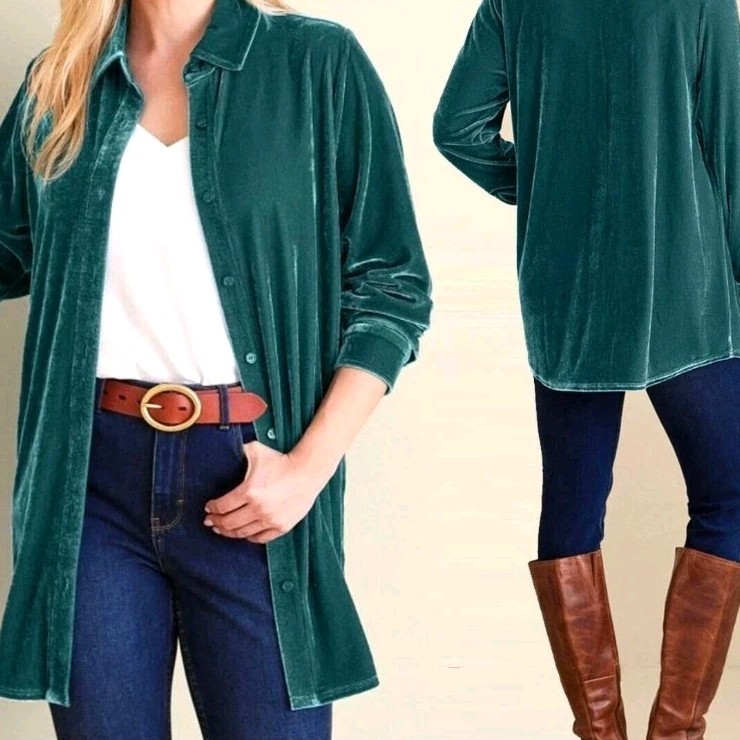 SOFT SURROUNDINGS Womens Small Green Velvet Boyfriend Tunic Shirt Button Up Top