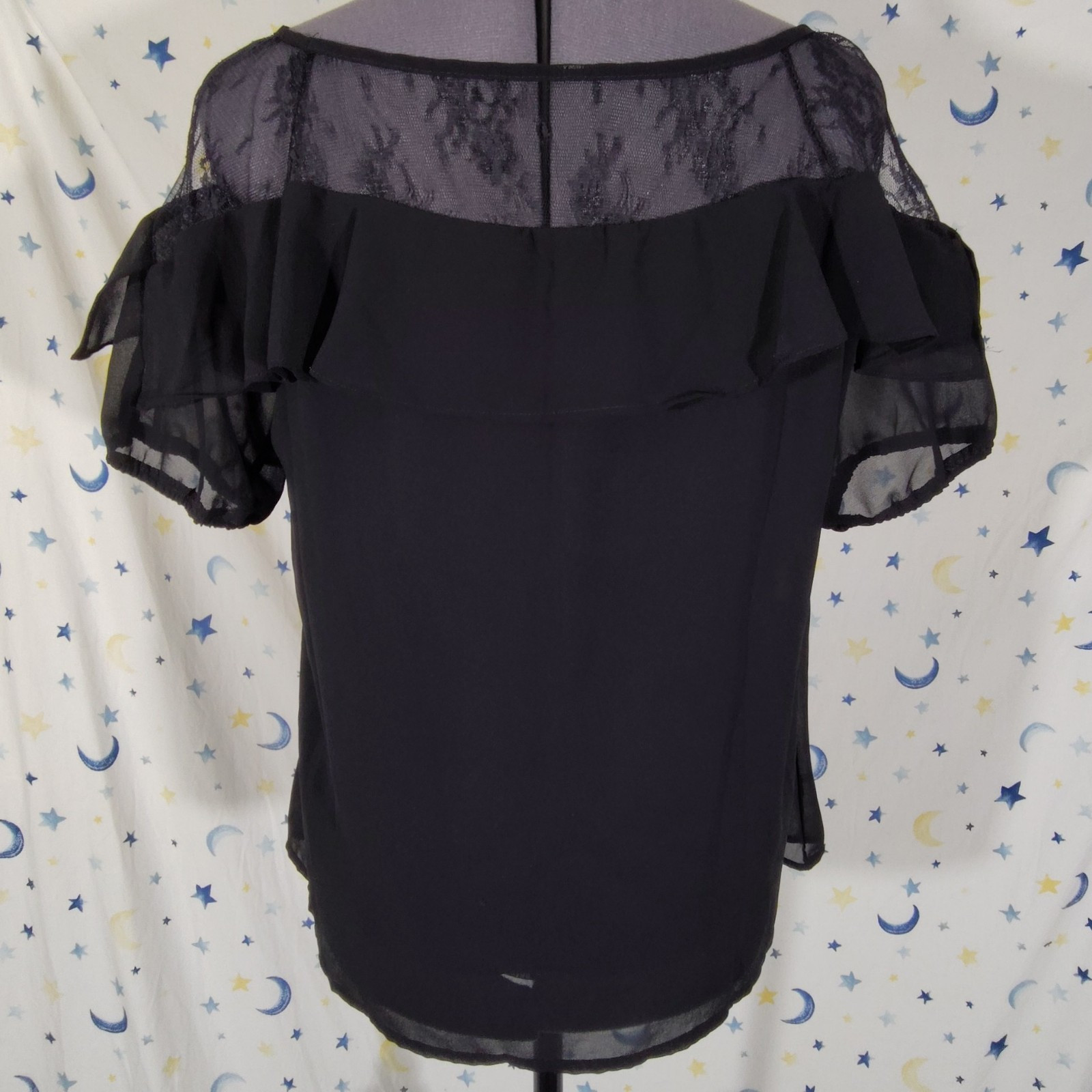 Black Chiffon & Lace Scoop Neck Ruffle Short Sleeve Blouse