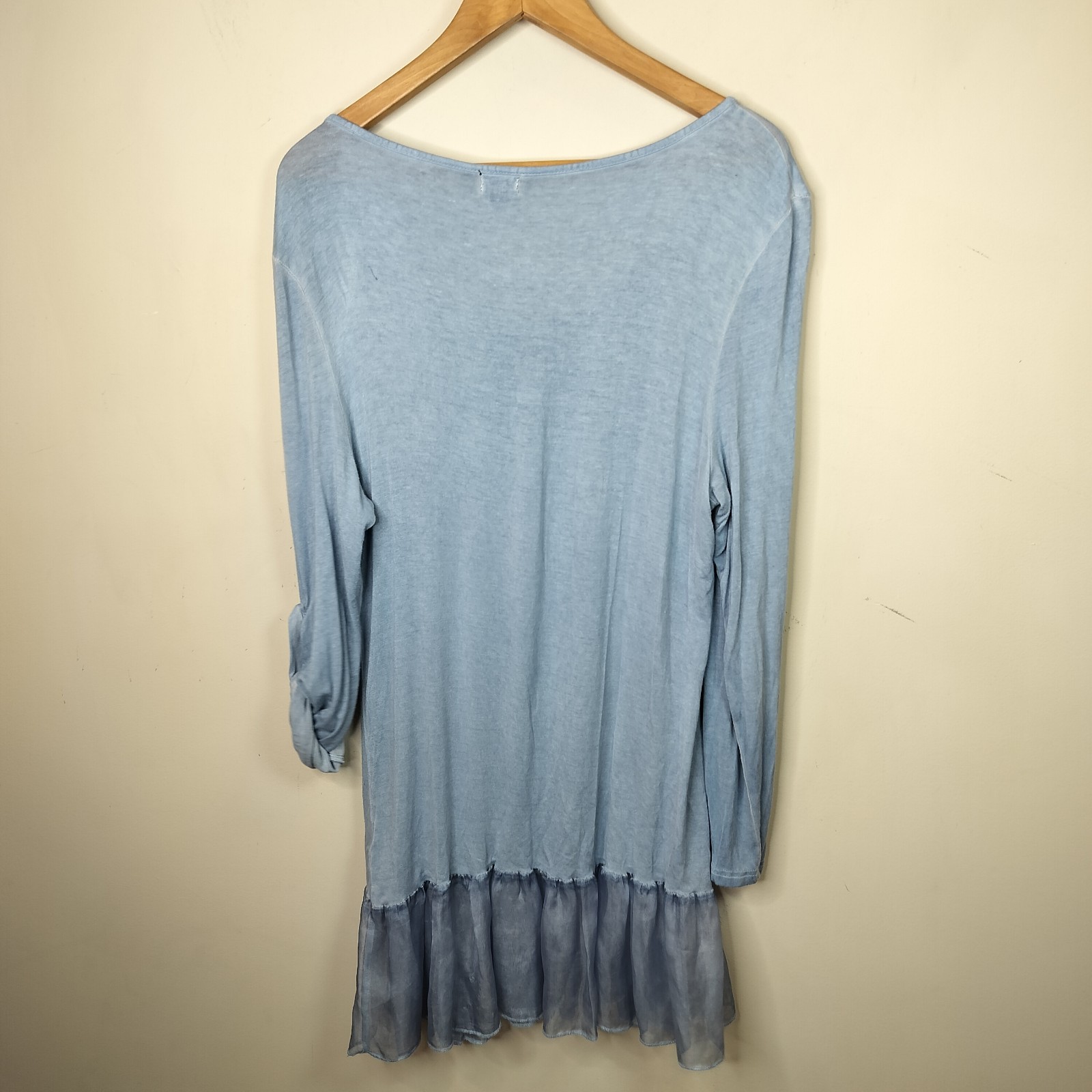 Fantazia Women’s Tunic Top M Medium Blue Stretch Knit + Chiffon Ruffle Hem