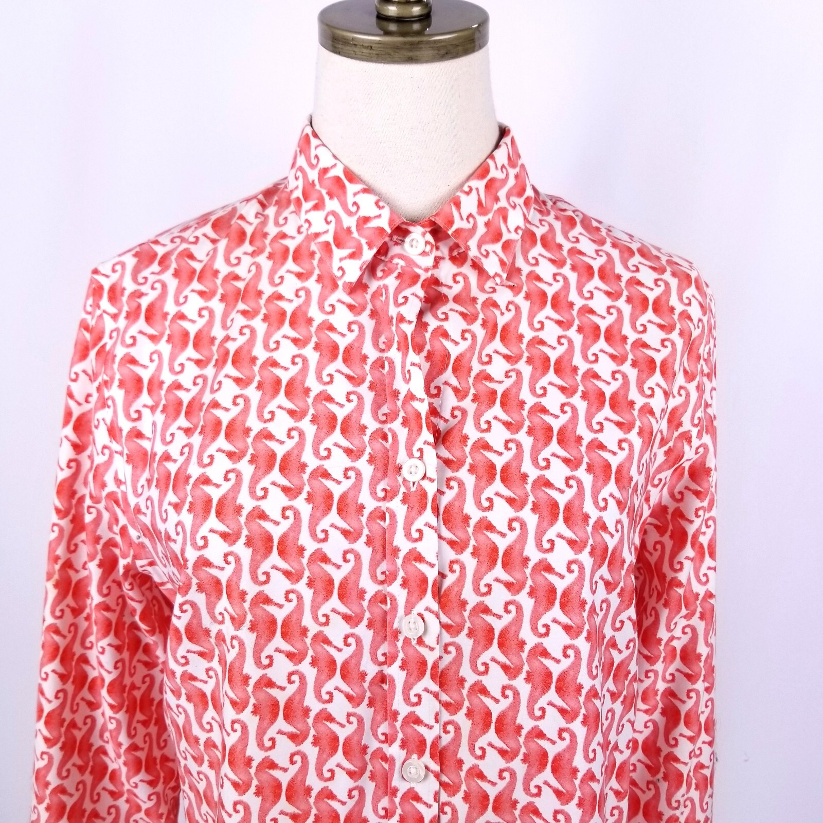 Chico’s No Iron Button Up Shirt Size M Orange Seahorse Pattern 3/4 Sleeve
