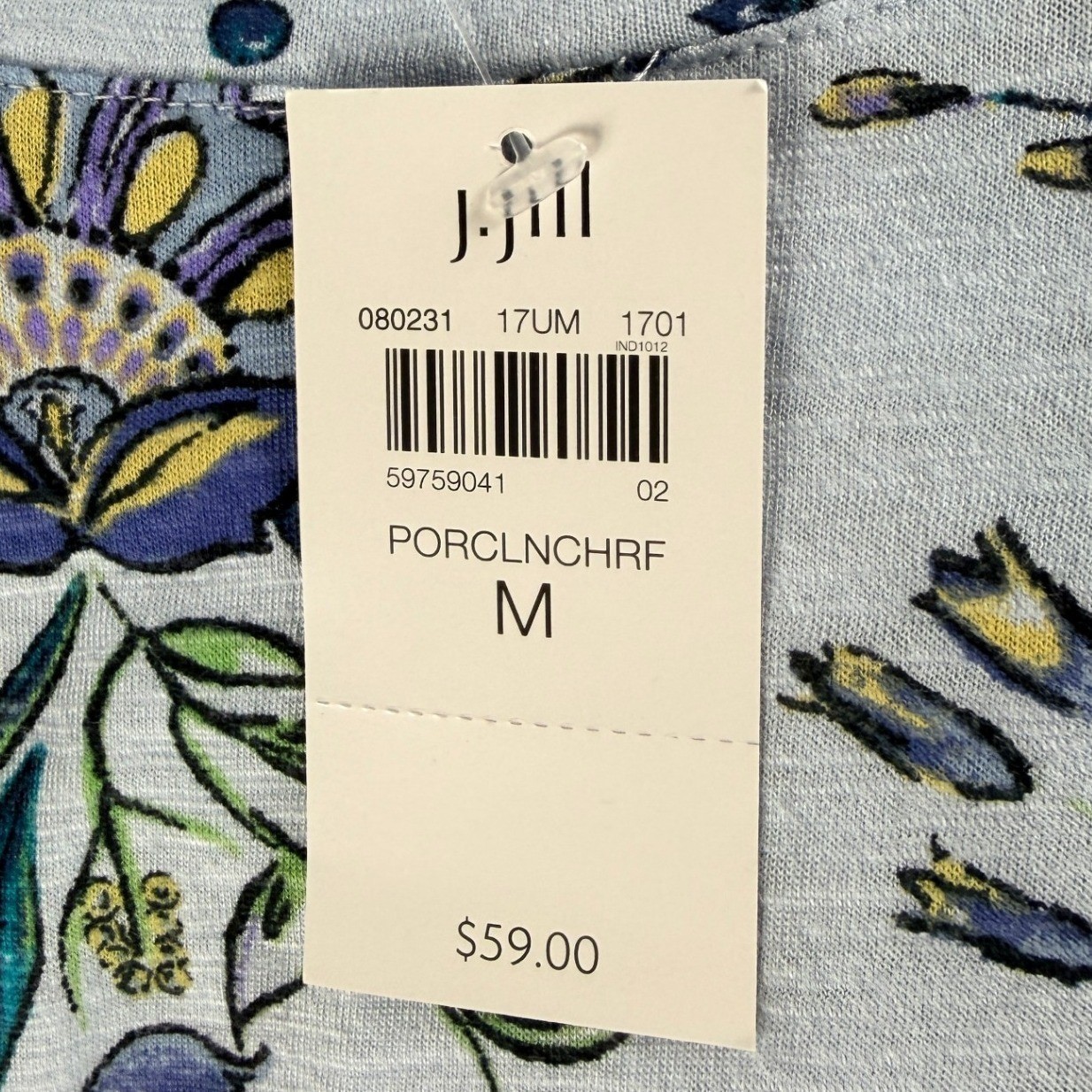 J. Jill Womens Floral 3/4 Sleeve Slub Knit Top Blue Medium 080231 NWT