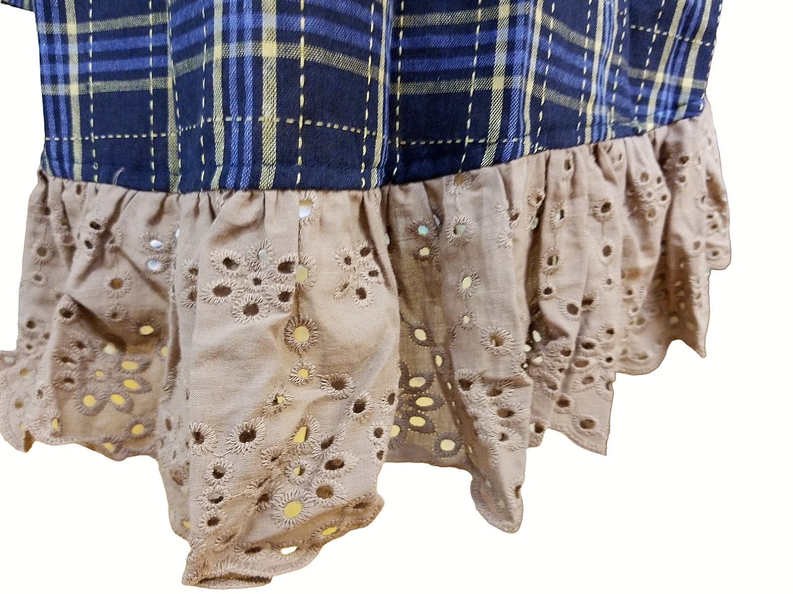 Paisley Vine Women Plaid Long Sleeve Large Eyelet Ruffle Lace Trim Navy Tan New