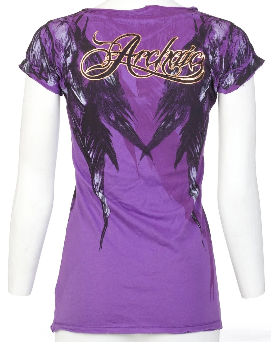 Archaic AFFLICTION Women’s T-Shirt SECOND LOVE Feathers PURPLE Tattoo Biker $40