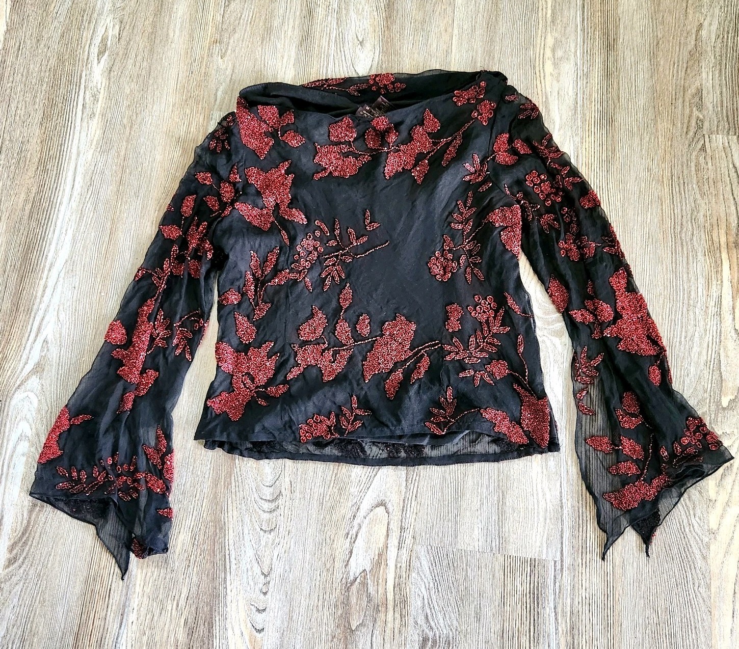 Marina Bresler Silk Beaded Drape Neck Bell Sleeve Top M Black Red Goth Boho Y2K