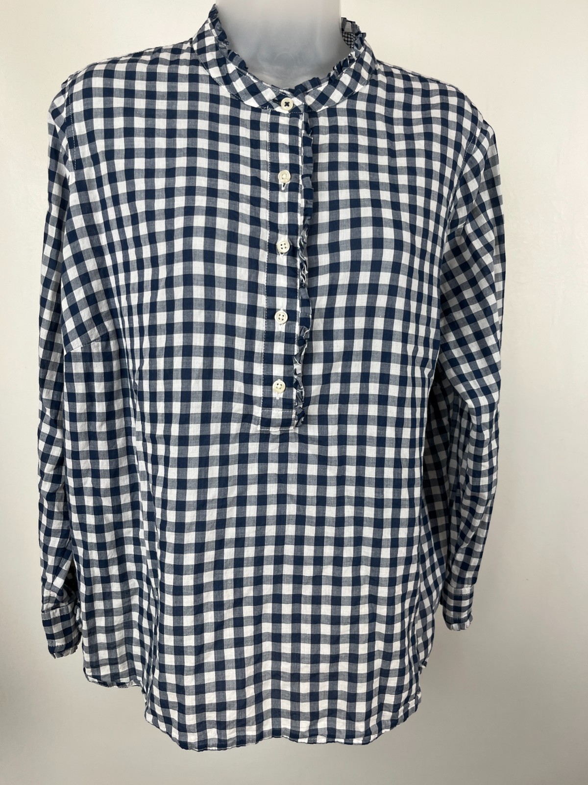 Talbots Blouse Womens XP Navy White Gingham Ruffle Collar Cotton Button Front
