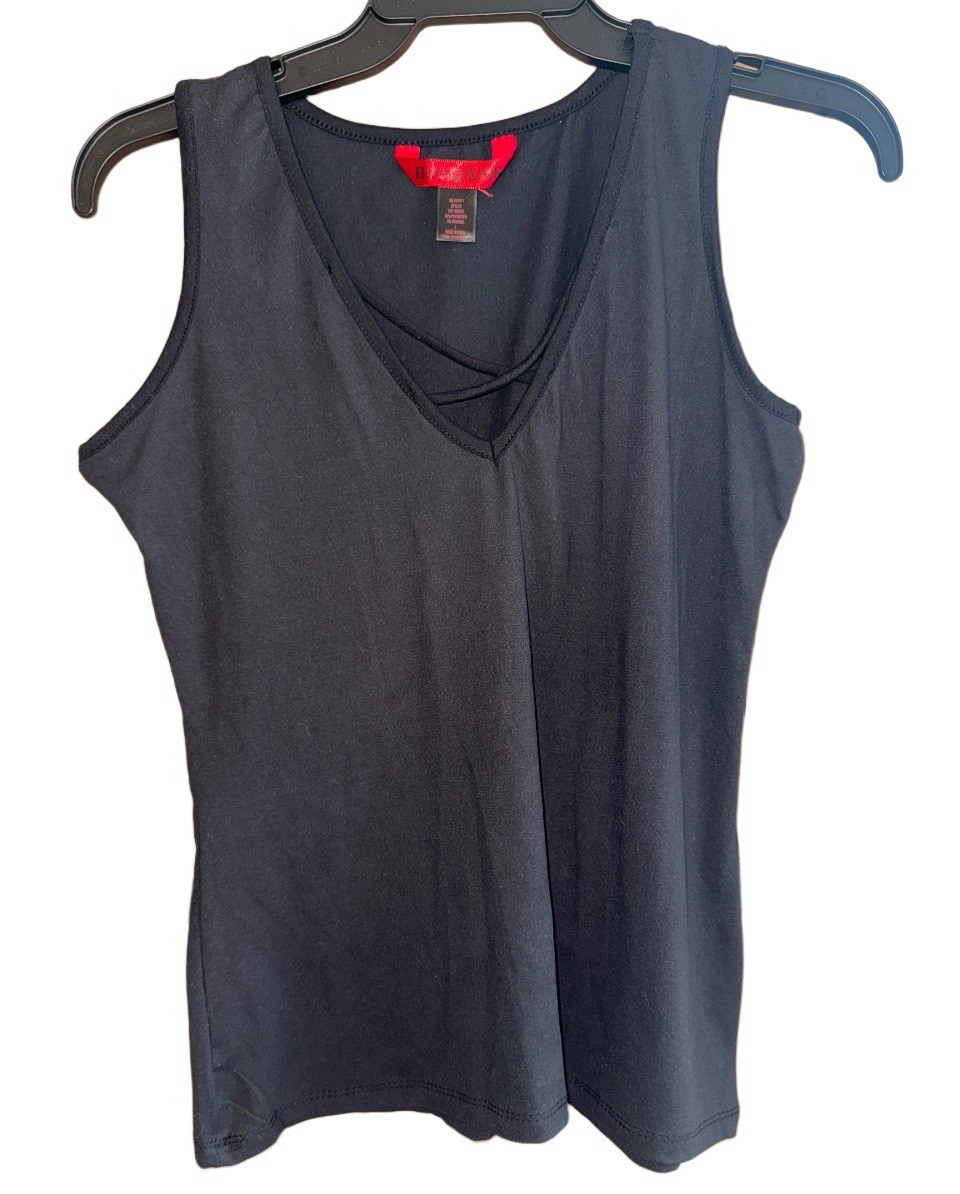 INC International Concepts Women L Black Solid V-Neck Layered Knit Tank Top