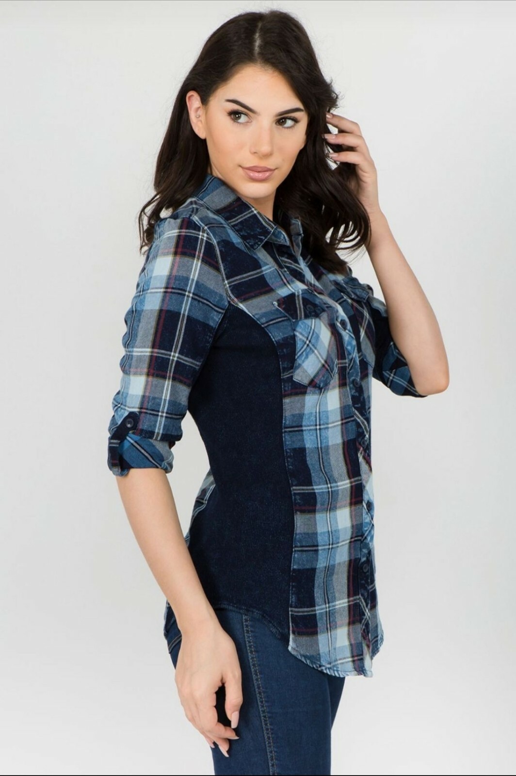 Women shirt top Denim Cotton button down Plaid checkers Ci Sono PTP39 NEW