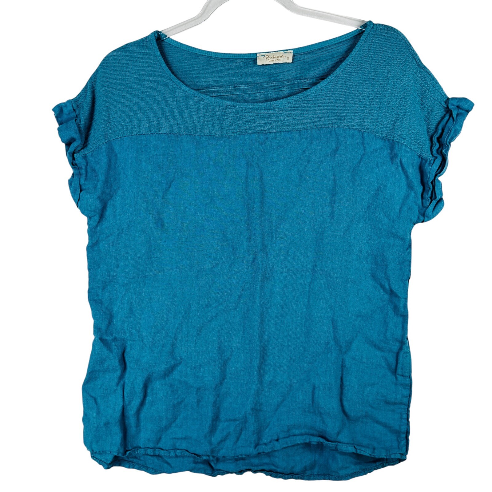 Bellambra Linen Blouse Top Made in Italy Teal Blue S Lagenlook Boho Old Money