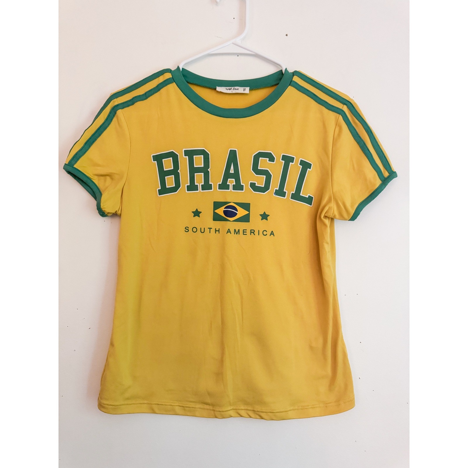 Blokecore Brasil Ringer Tee Yellow Green Brasil South America Shirt, large