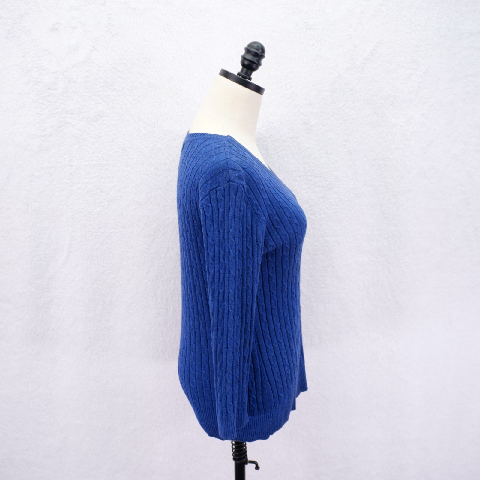 Laura Scott Blue Petite Small Ribbed Cotton Acrylic Knit V-Neck Sweater