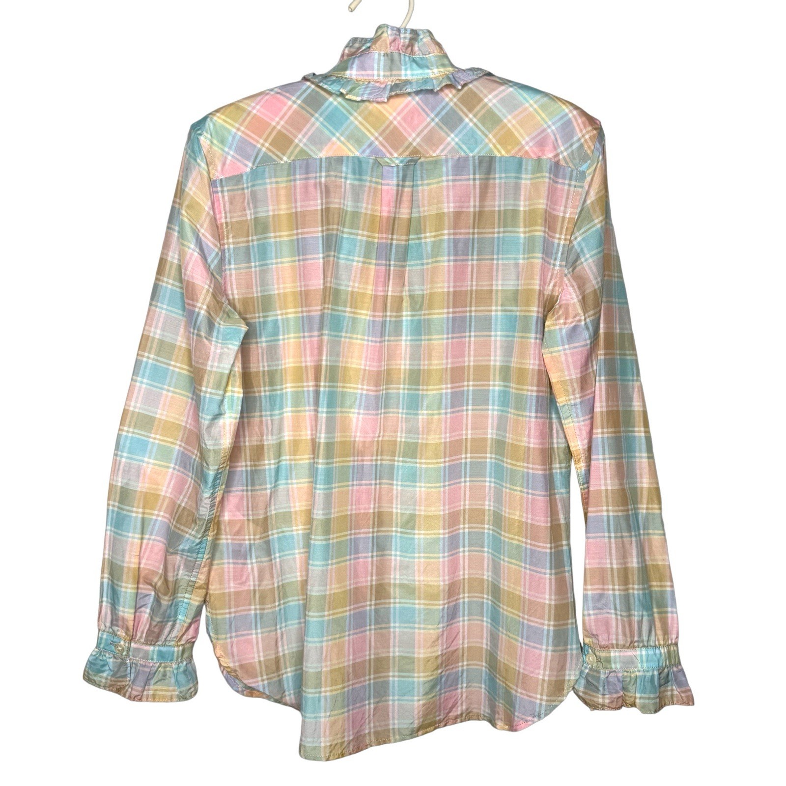 NWT J Crew Silk Cotton Ruffle Button Up Shirt 4 (S) Plaid Lightweight Pastel