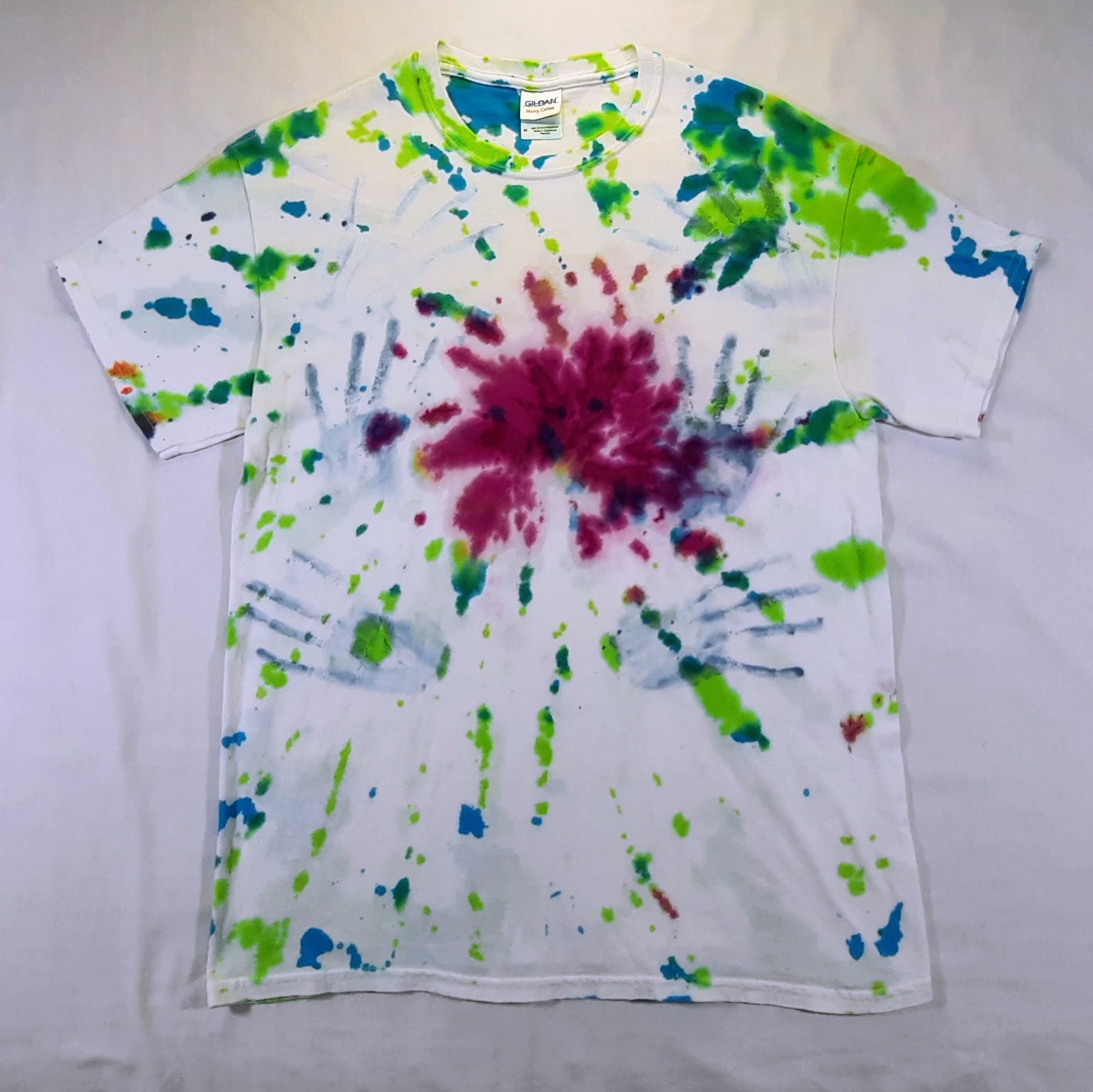 Hand Dyed Tie Dye T-Shirt Tee Womens M Cotton Gildan Crew Neck Blue Green