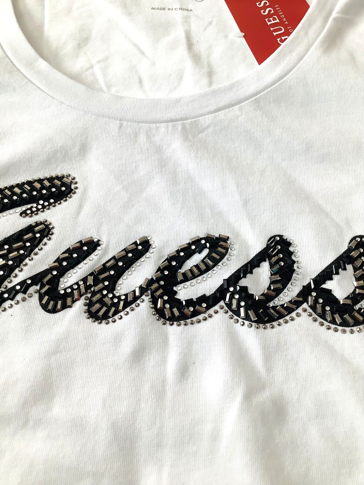 GUESS womens T-shirt Sequin Embellished Logo Size L XL White Red SS Tee