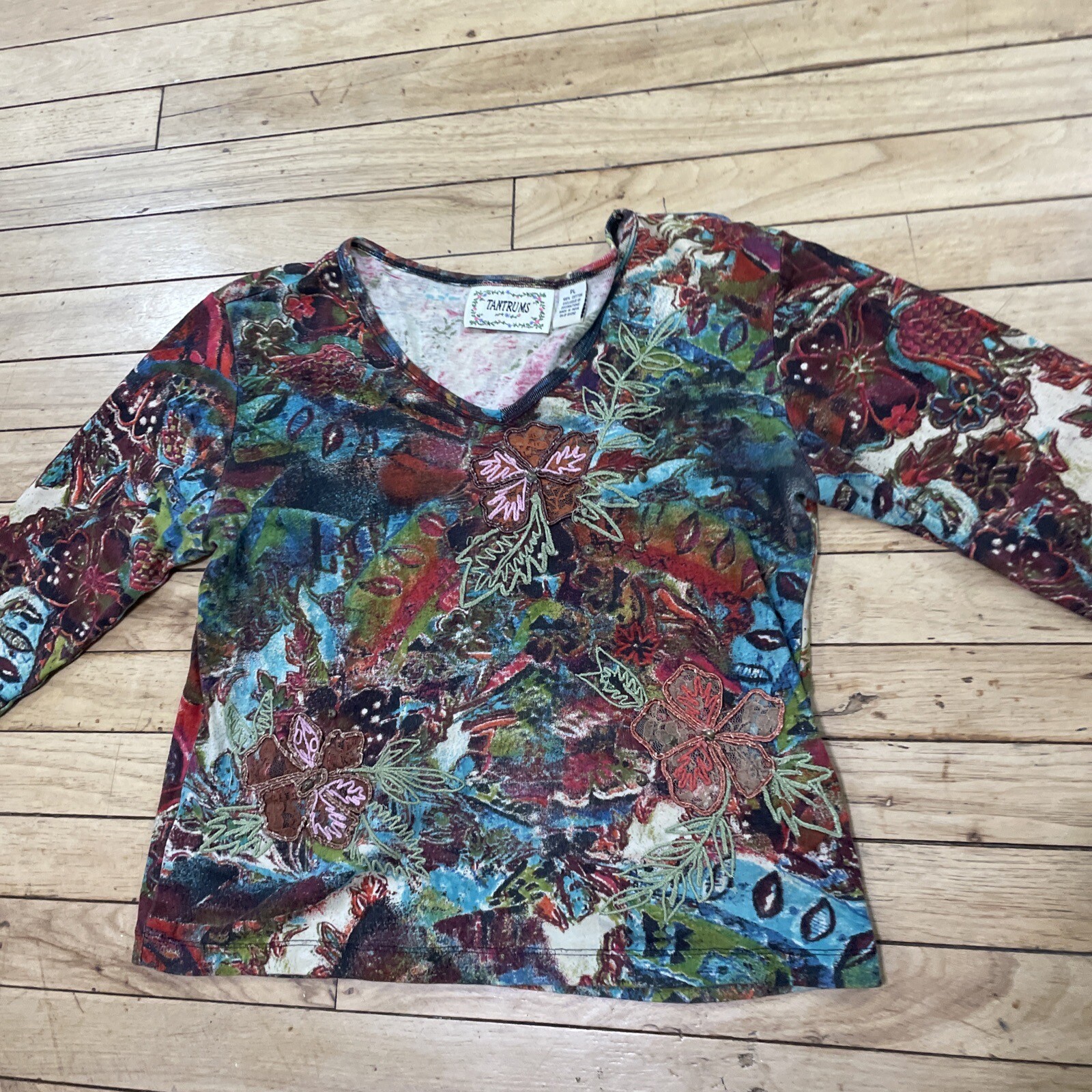 TANTRUMS Tunic Top Women PL Vtg 90s Friends Phoebe Hippie Floral Applique P L