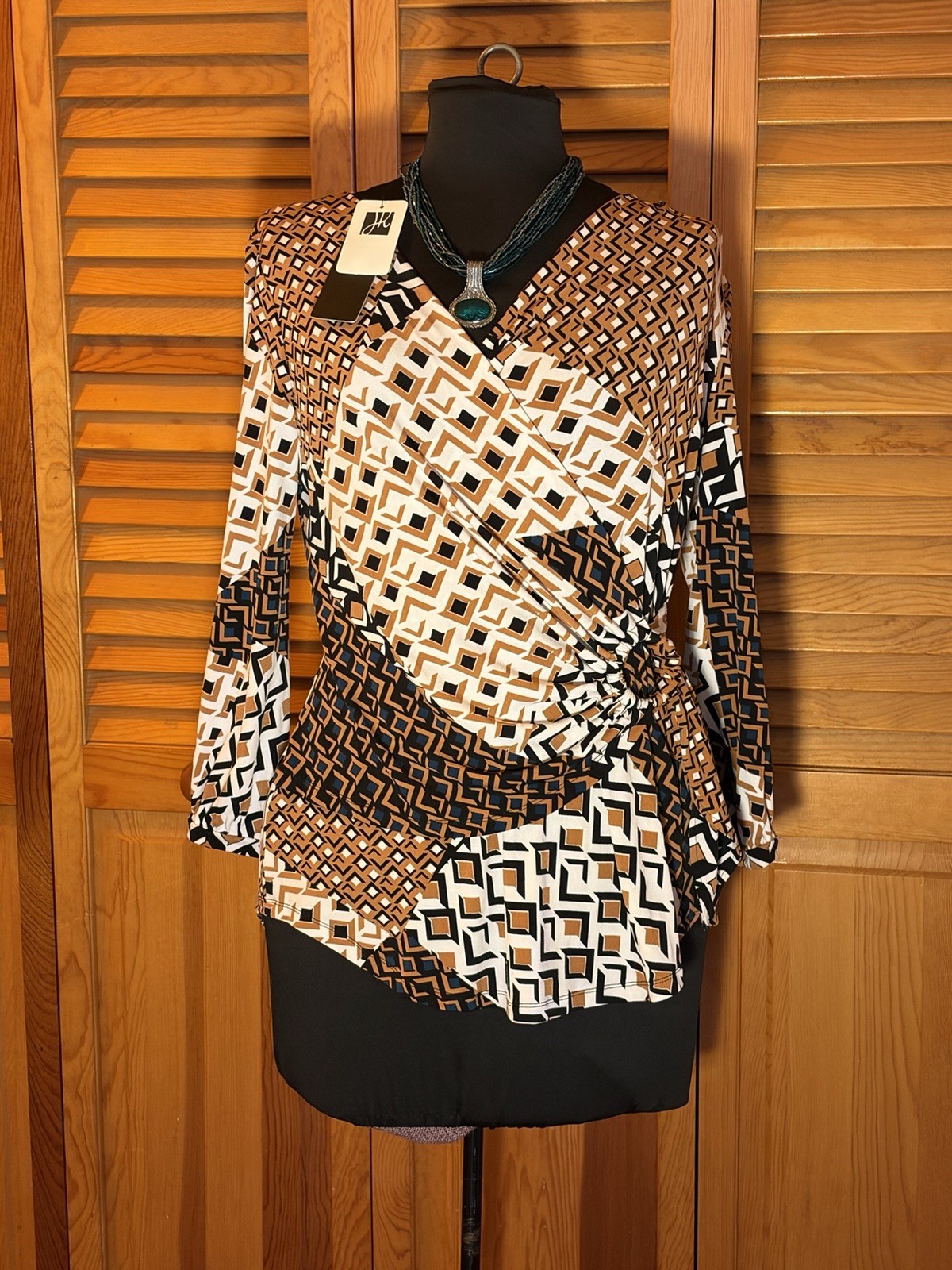 NWT Joseph Ribkoff Top Womens 8 Geometric Wrap Ring Detail Ruched Tunic Blouse