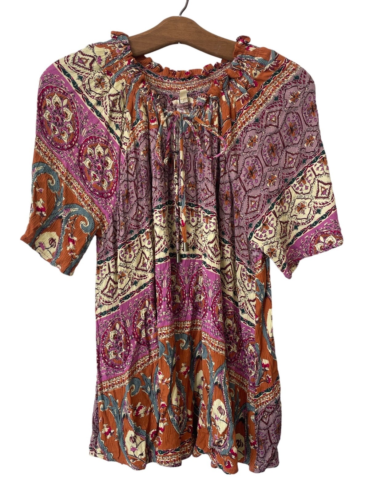 Kori America Top Size Small Floral Smocked Tie Neck Short Sleeve Multicolor Boho