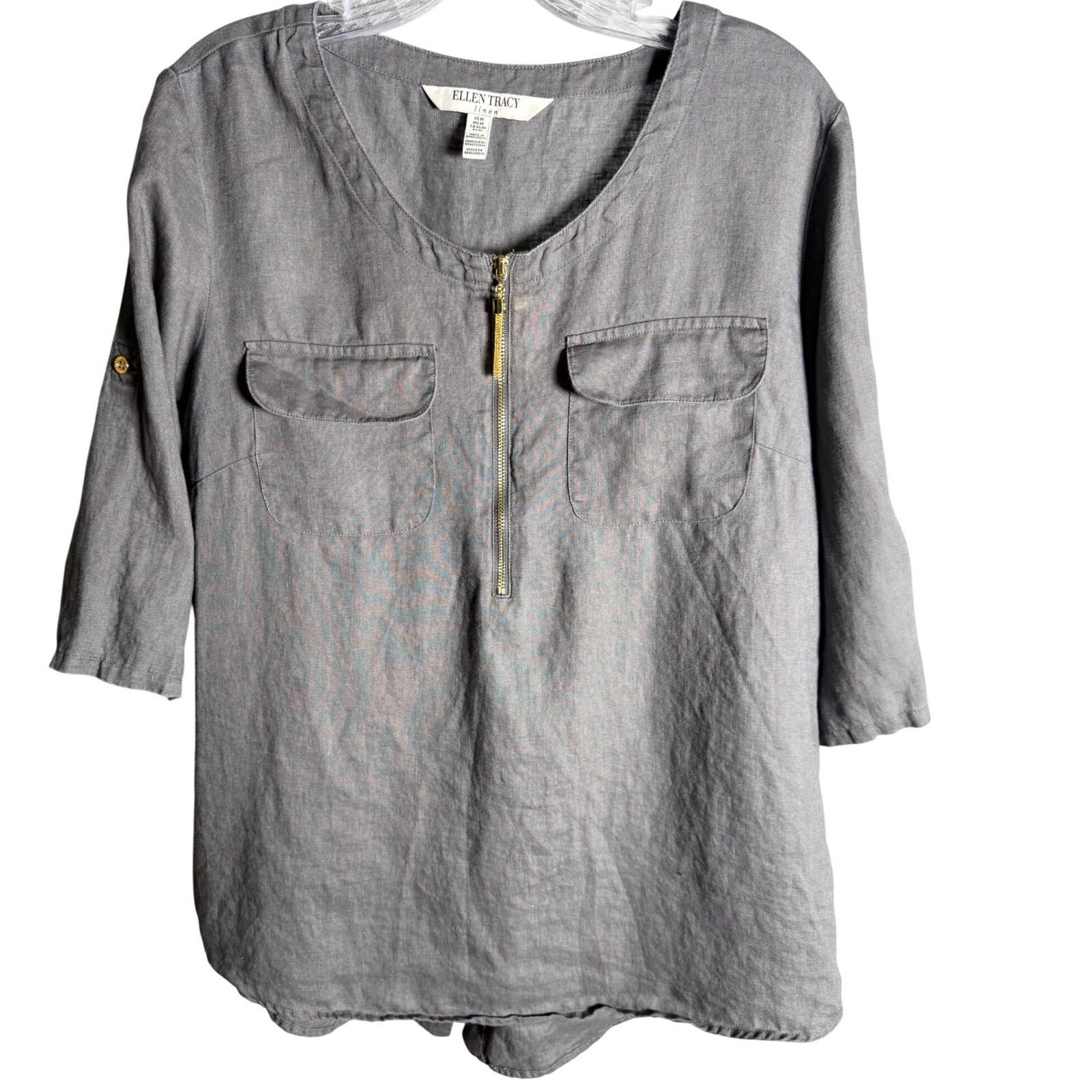 Ellen Tracy Linen Blouse Women Size Medium Grey 100% Linen Utility Half Zip Top