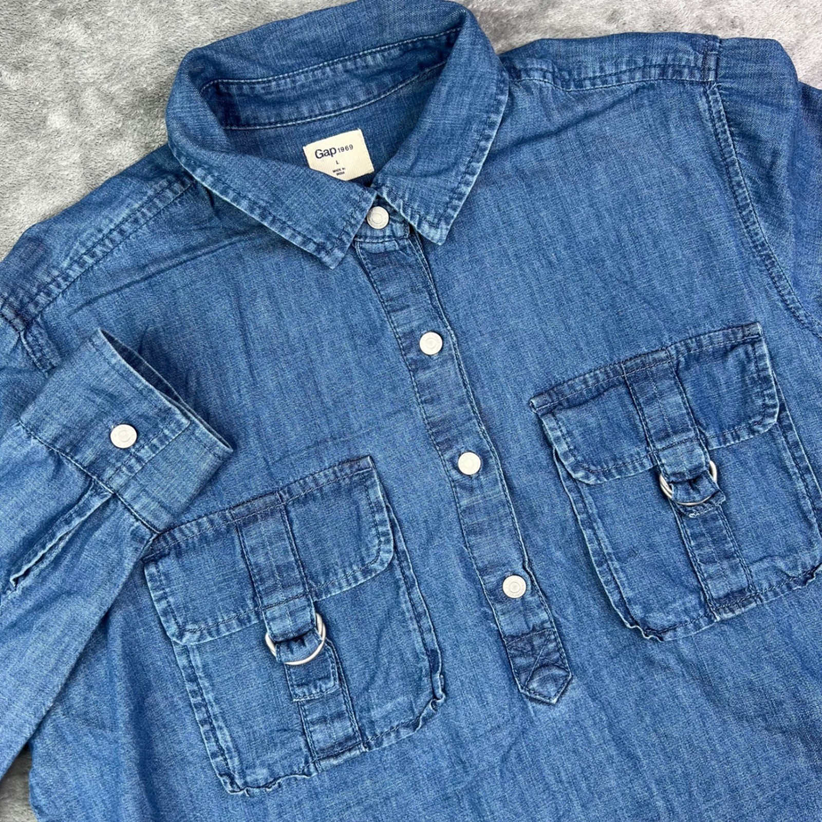 Gap 1969 Popover Denim Shirt Womens L Blue Solid Cotton Lyocell D-Ring Utility