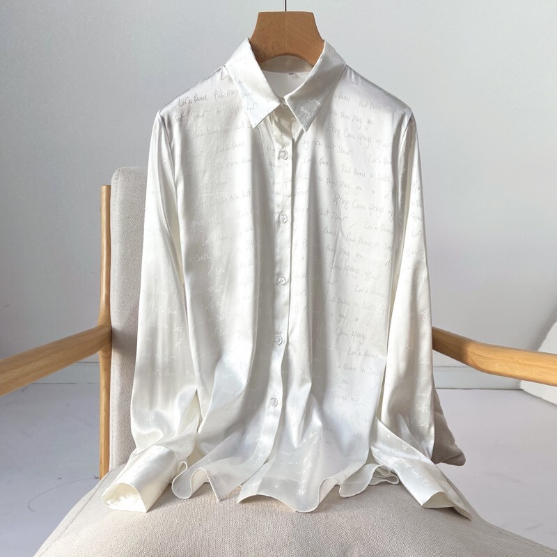 93% Mulberry Silk 7% Spandex Women White Buttons Up Long Sleeve Shirt Top MM841