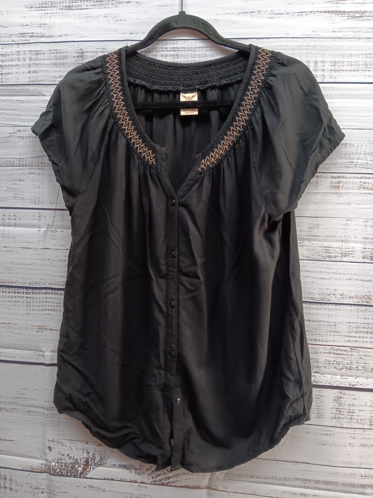 Faded Glory Blouse Women’s L (12-14) Black V-Neck Button Up Short Sleeve