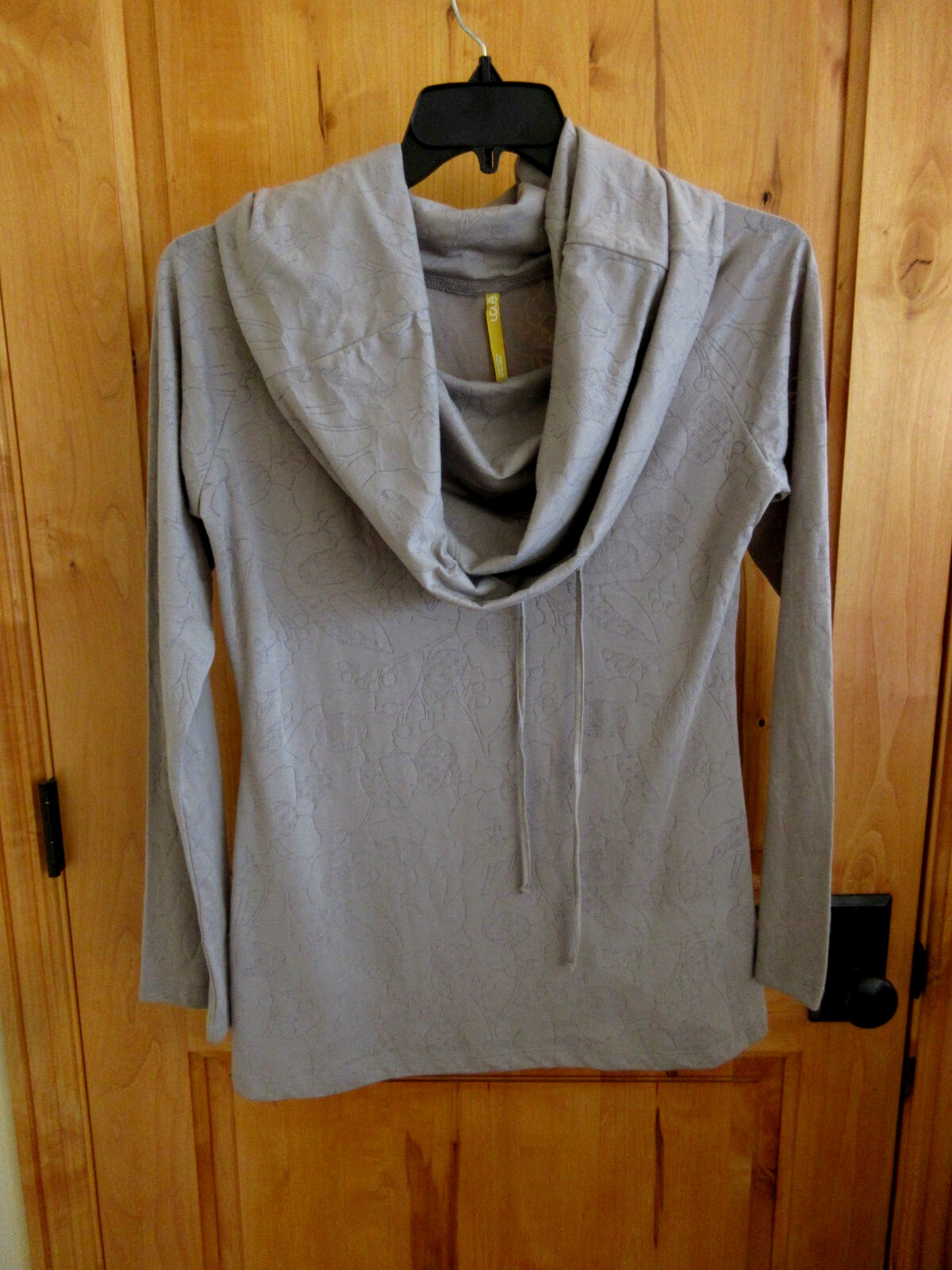 LOLE COWL TUBE NECK PULLOVER SIZE L TAUPE SUBTLE BOTANICAL PRINT LSLV DRAWSTRING