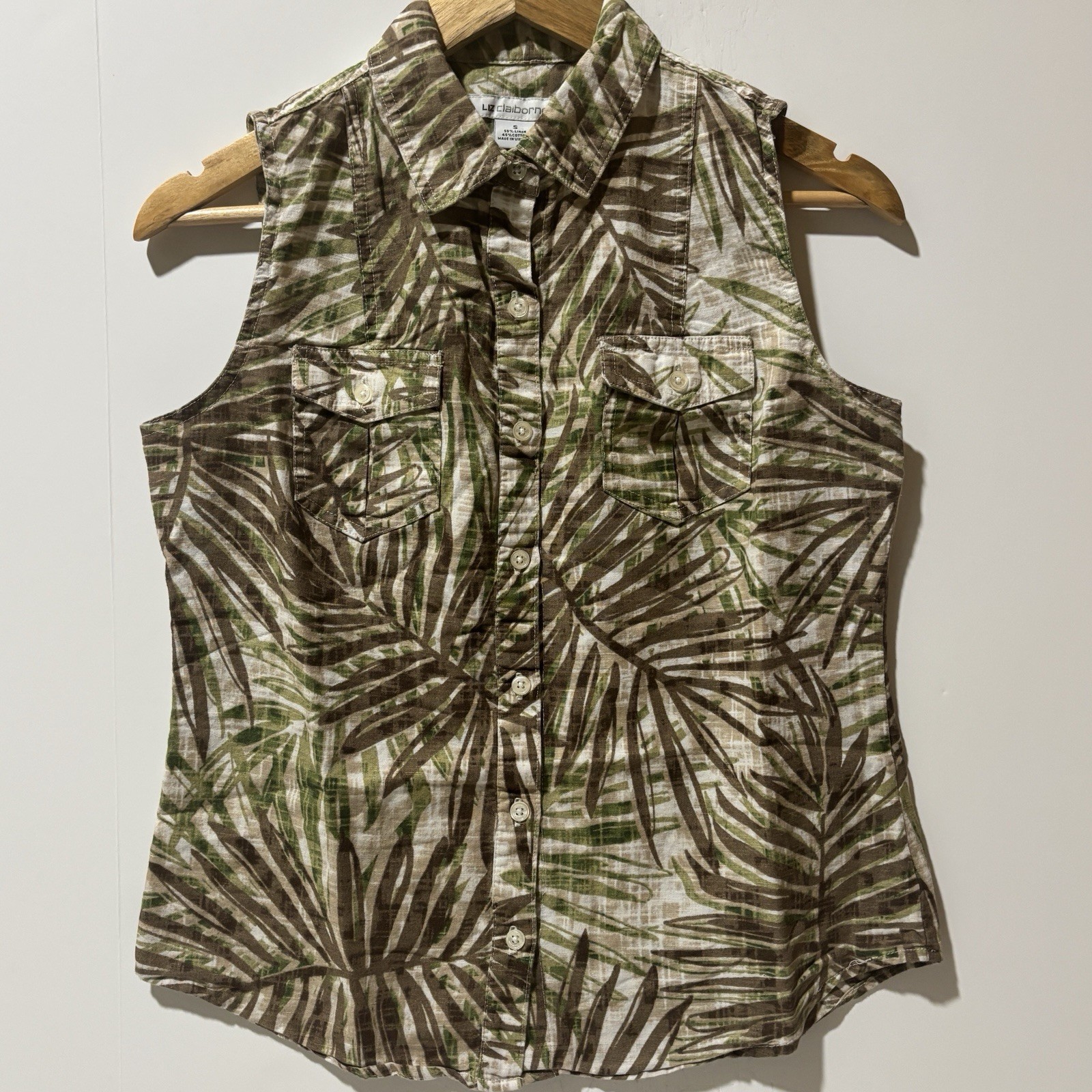 LIZ CLAIBORNE Top Women Sz S Green Palm Leaf Tropical Linen Button-Up Sleeveless